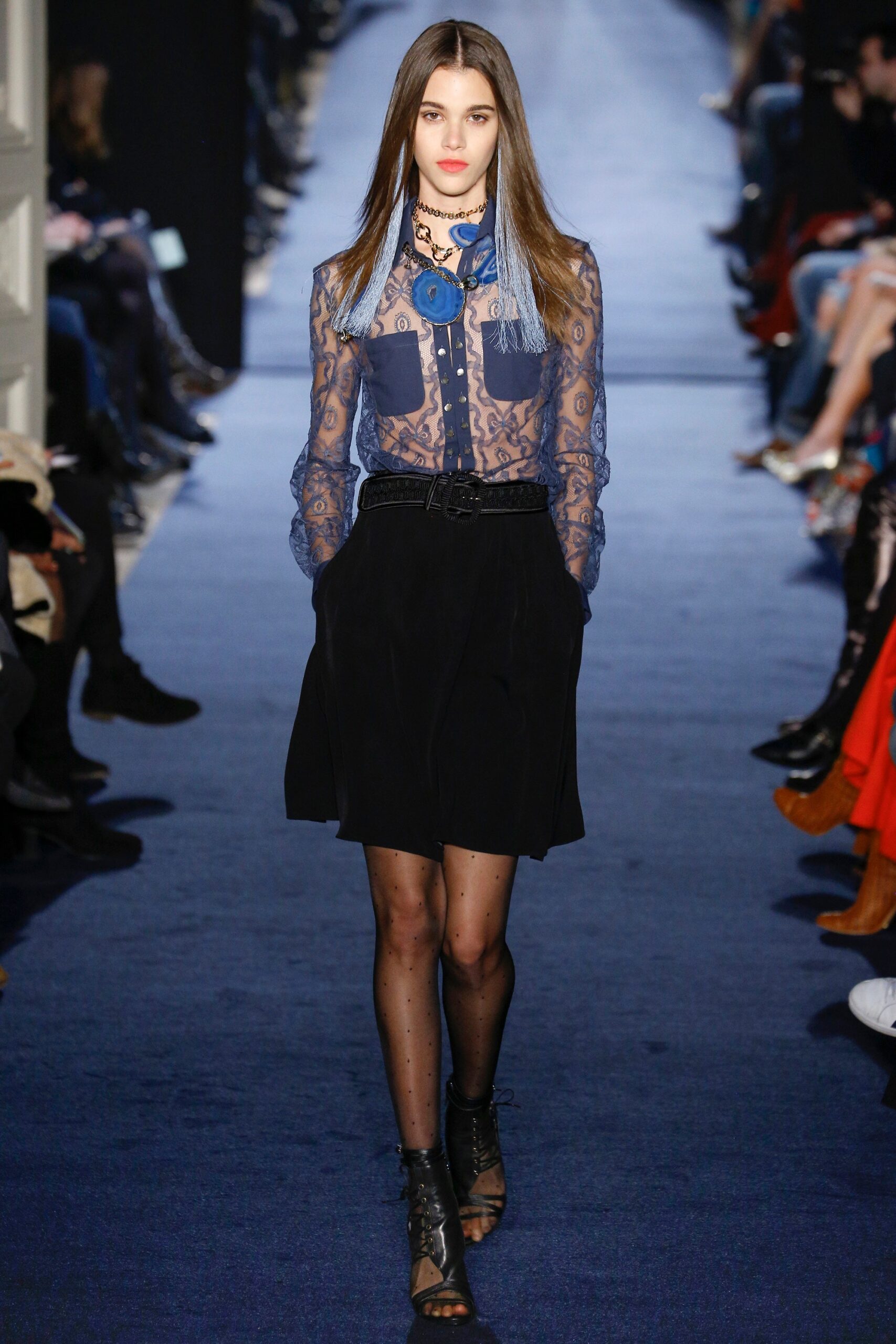 blue lace long-sleeve collared fitted embroidered sheer blouse
