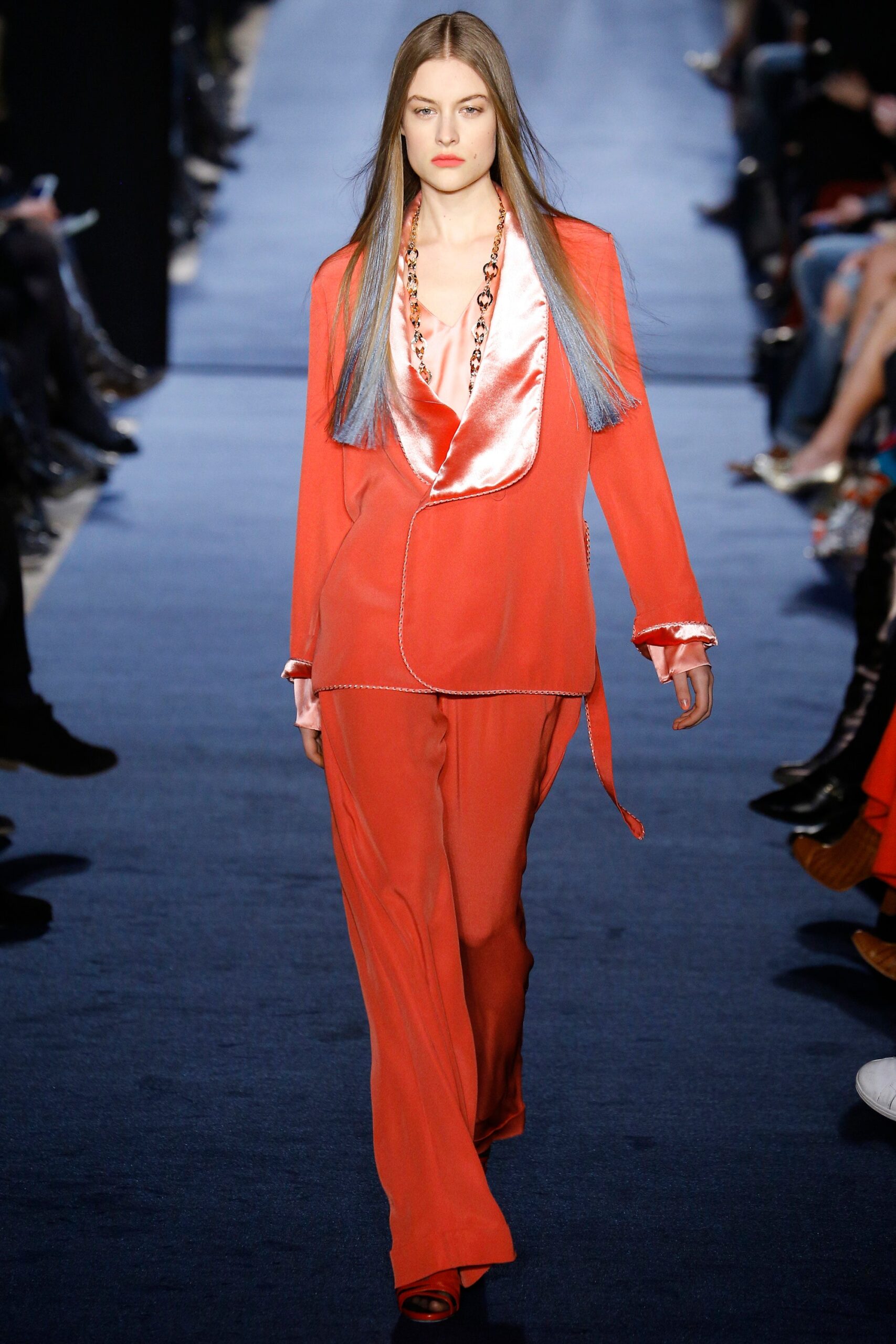 red silk long-sleeve collared relaxed buttoned wide-leg suit