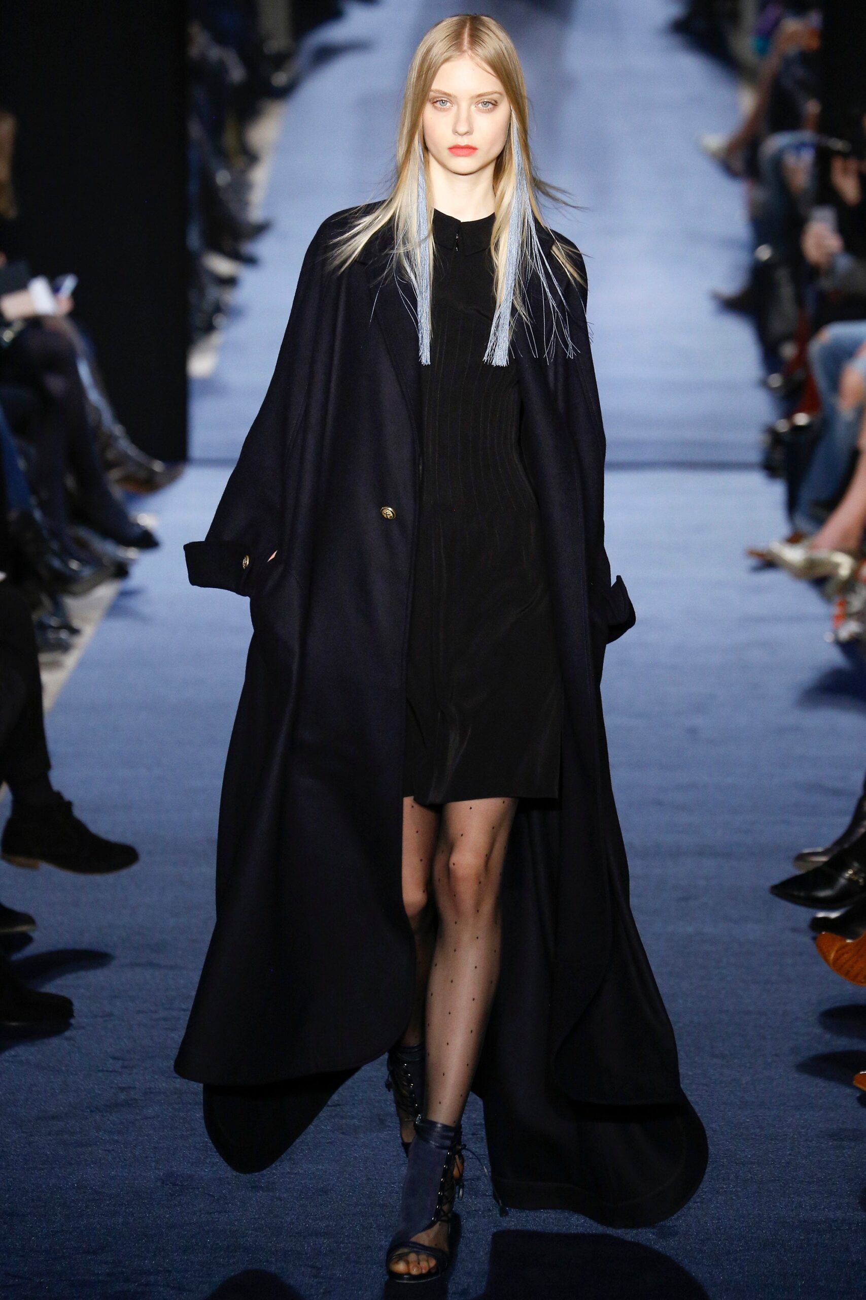 black wool long-sleeve collared relaxed draped maxi coat
