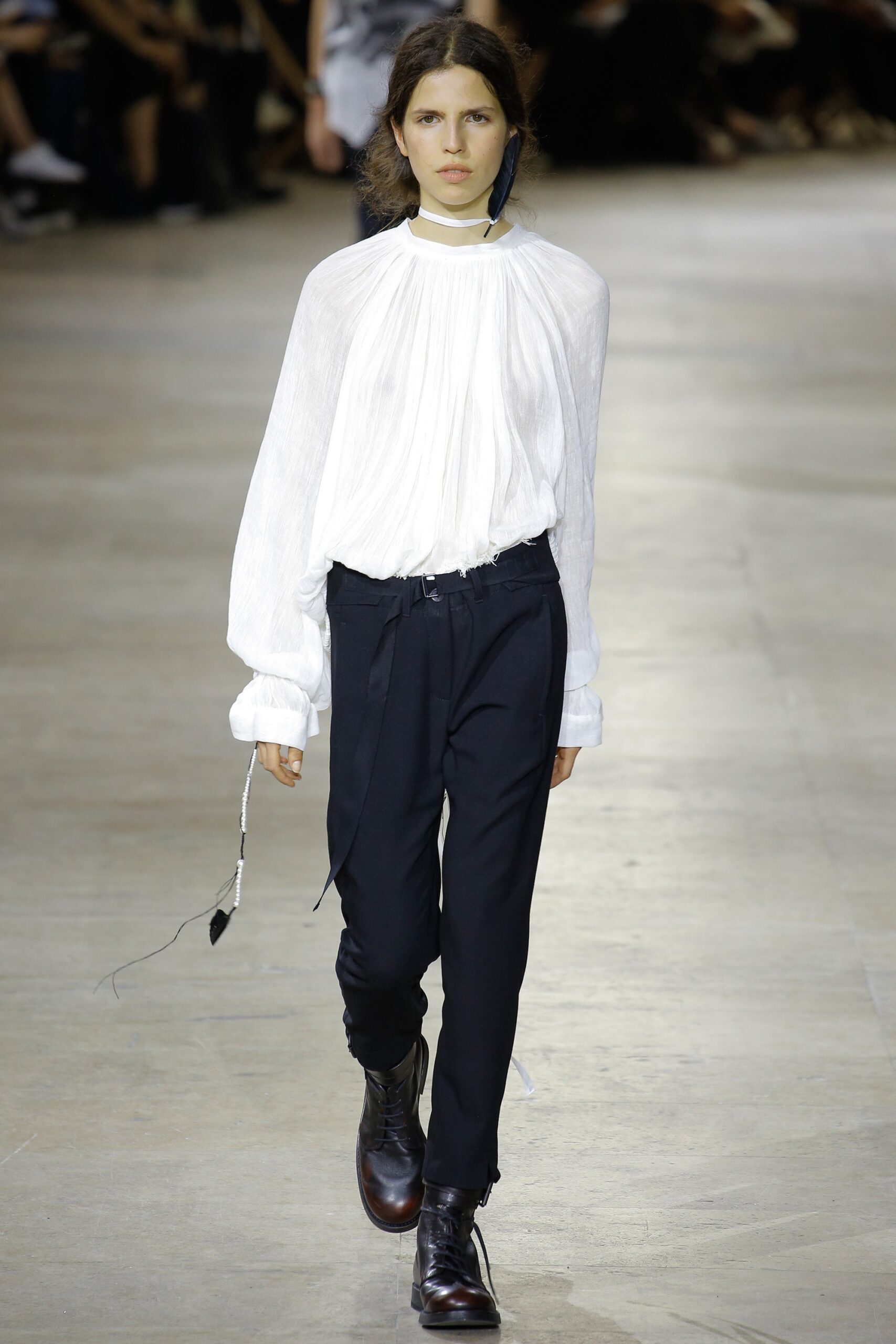 white cotton long-sleeve high-neck relaxed pleated blouse