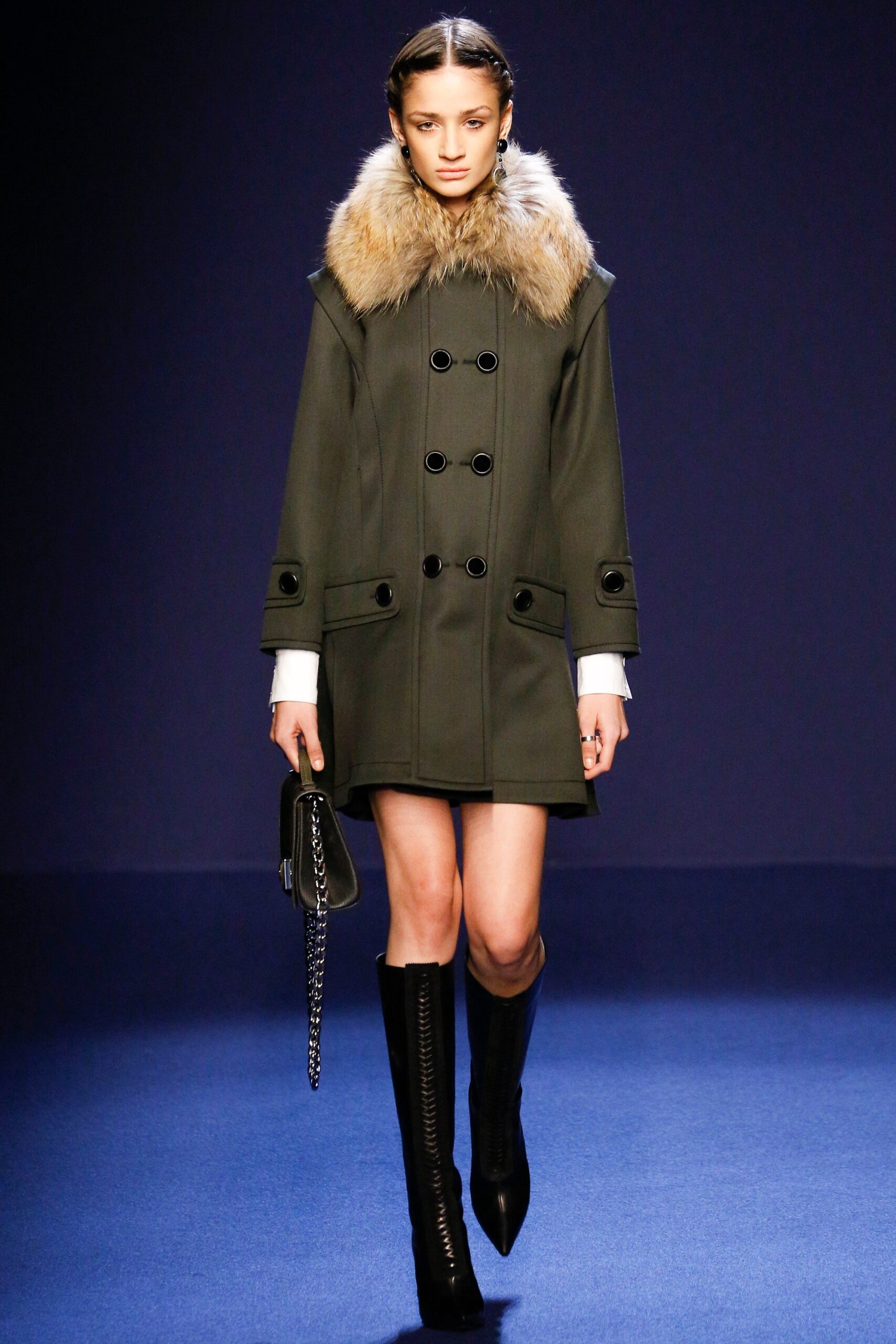 green wool coat with fur collar