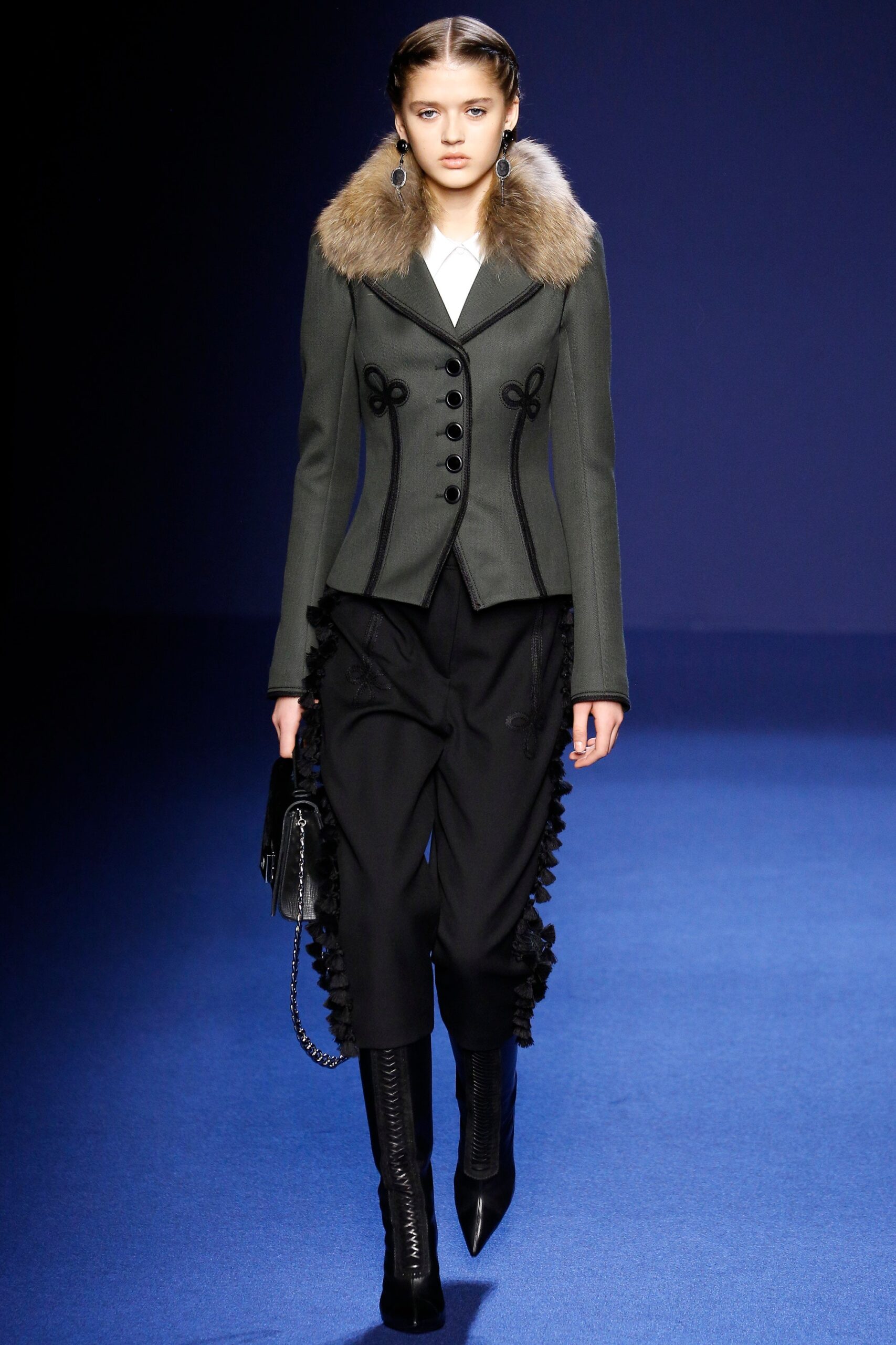 tailored gray jacket with fringed pants