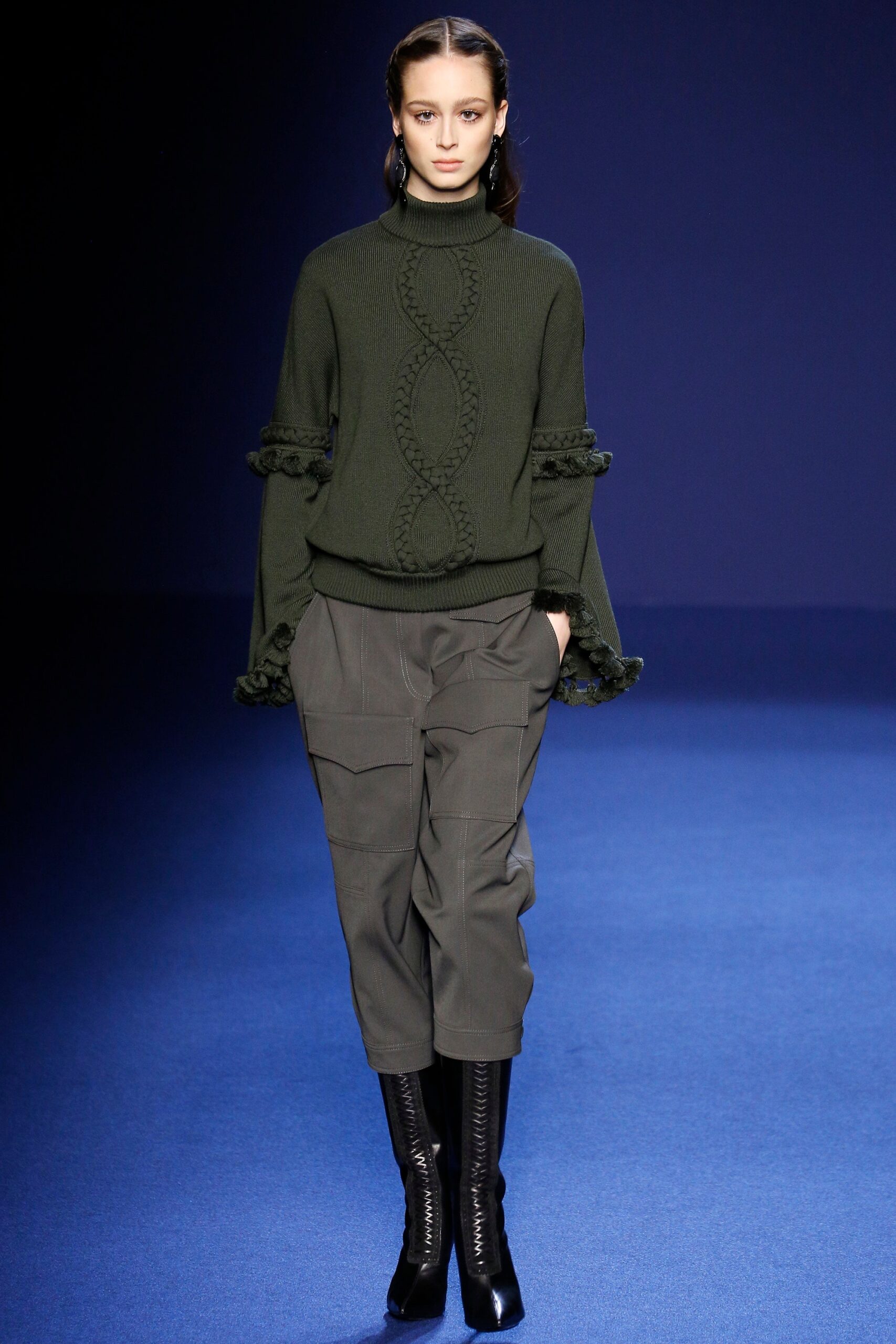 green wool sweater gray cargo pants