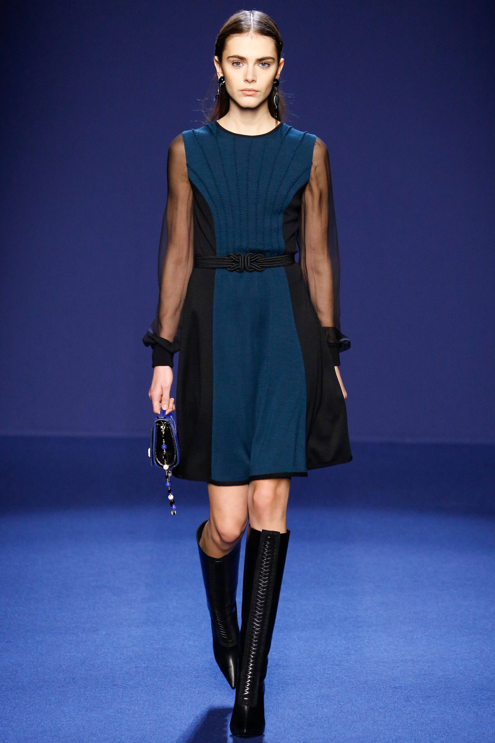 blue and black fitted dress with long sleeves