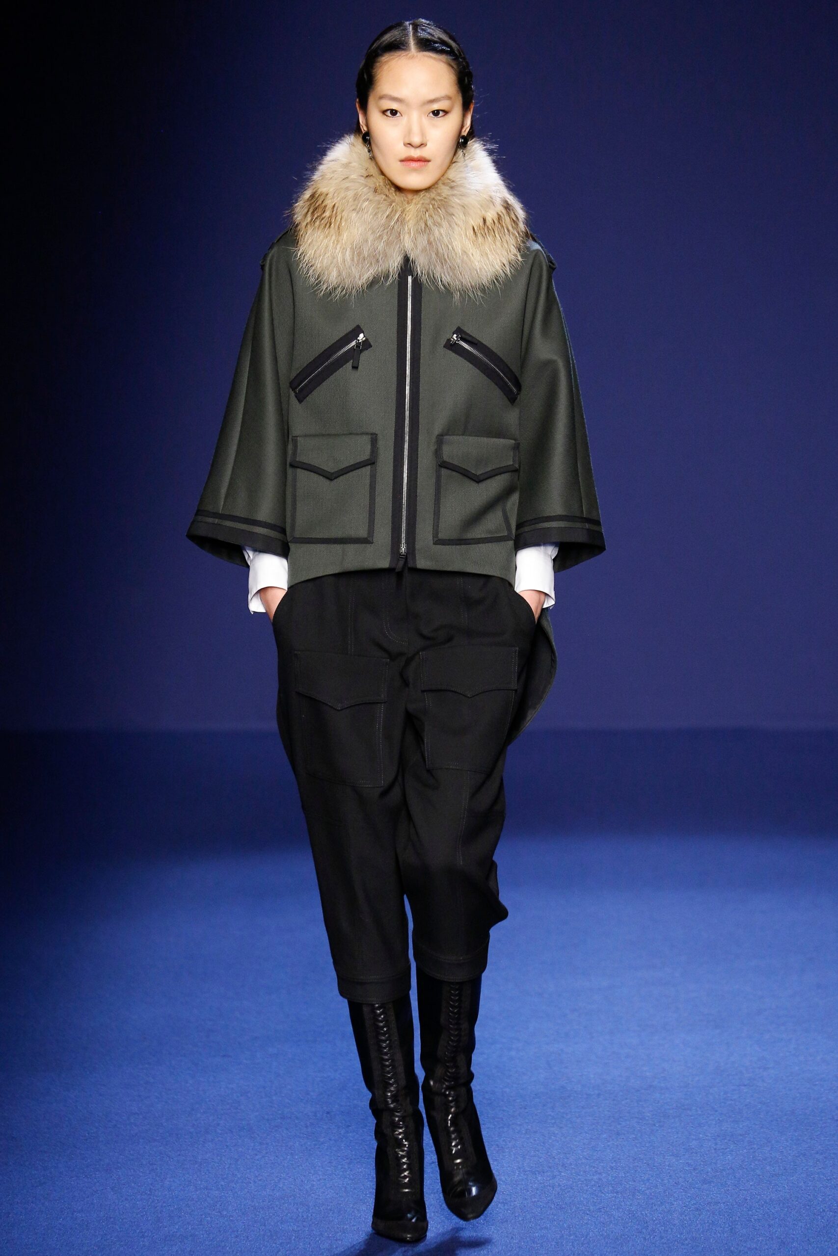 green wool cape with fur collar