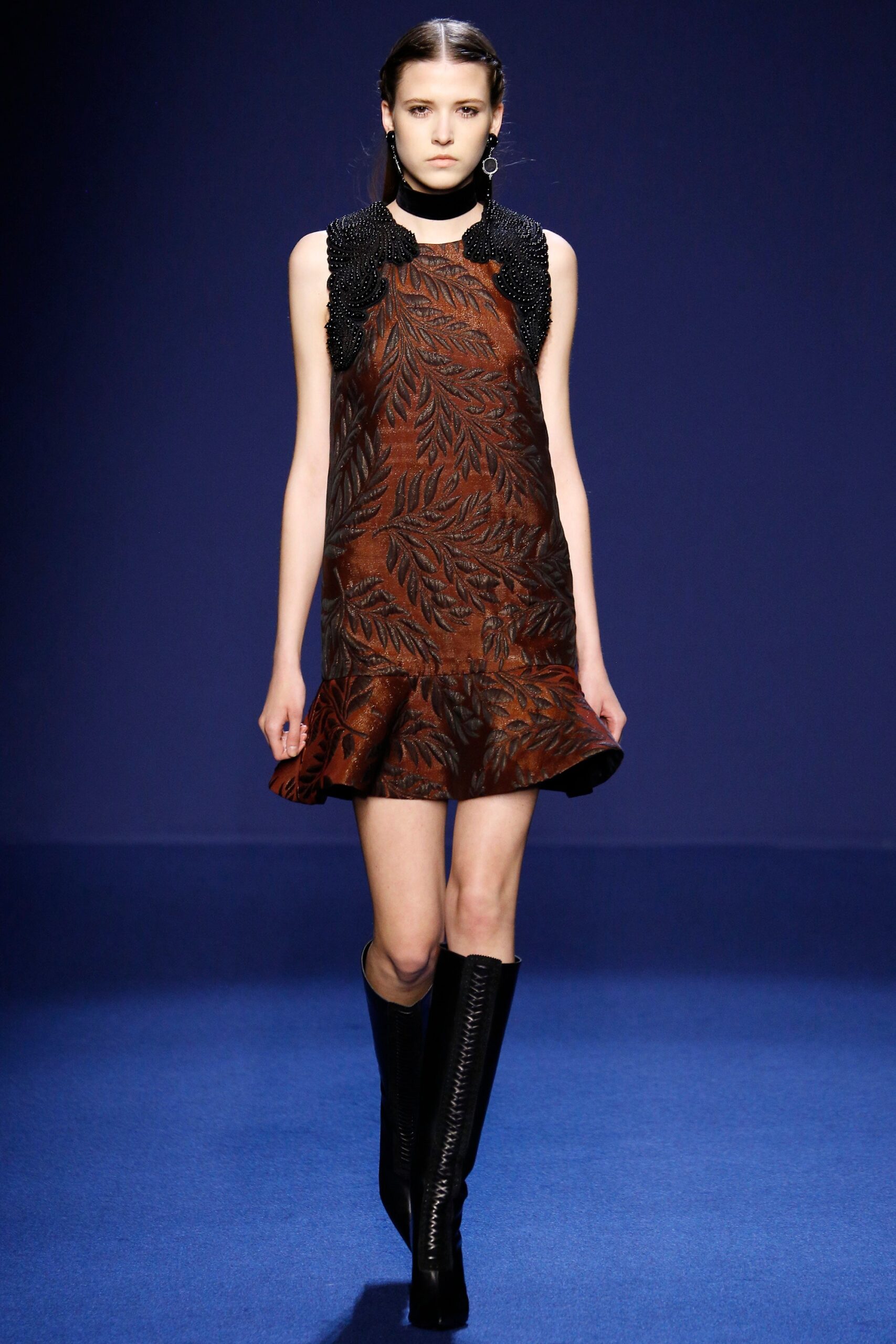 brown embroidered mini dress with black boots