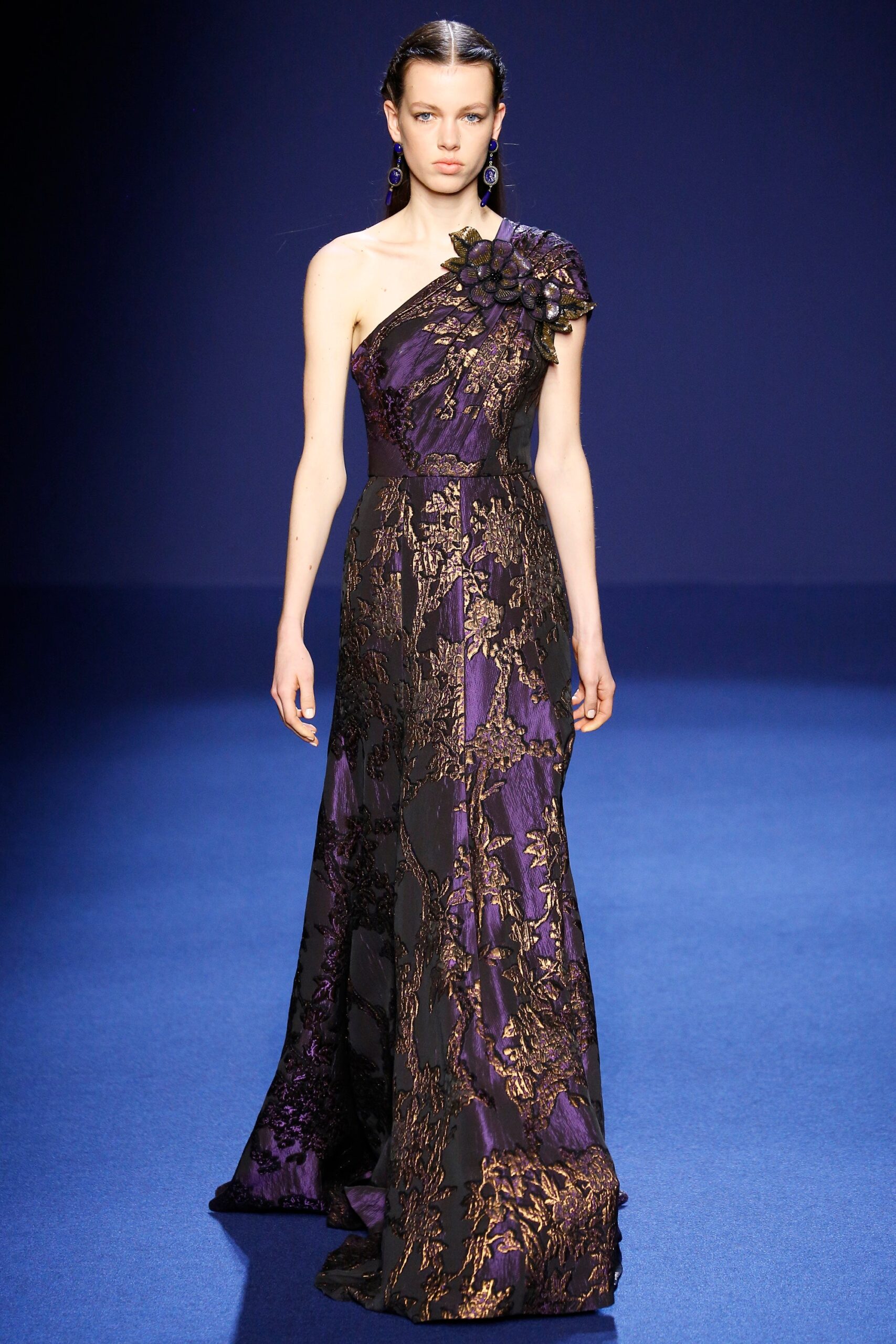 purple gold embroidered gown