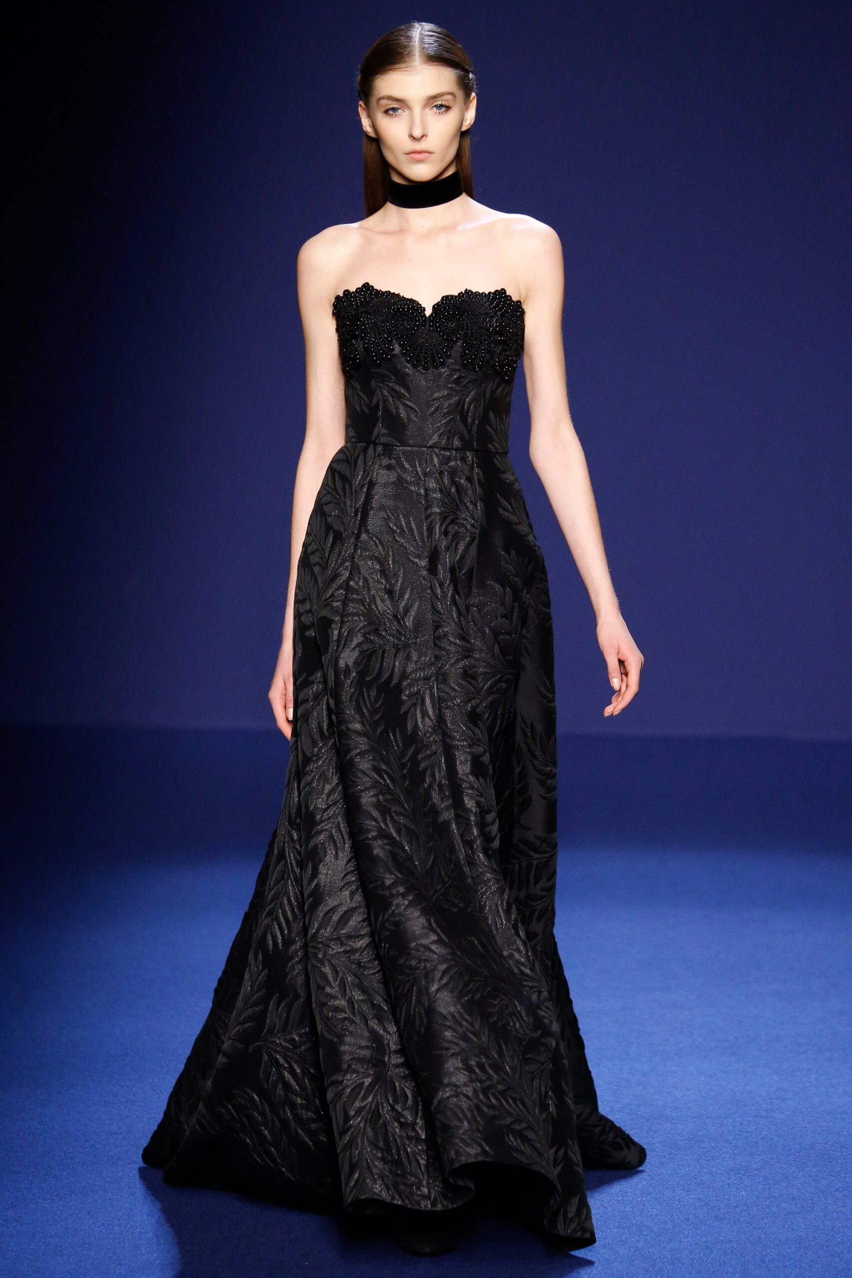 black embroidered strapless gown