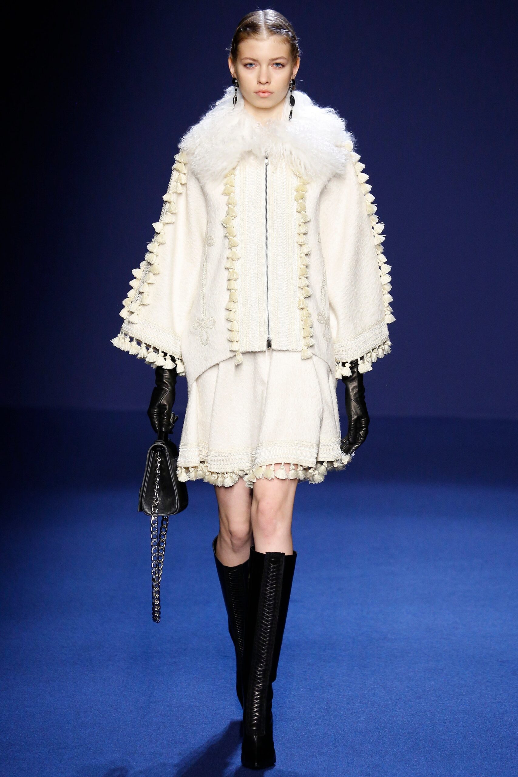 white wool cape and mini dress