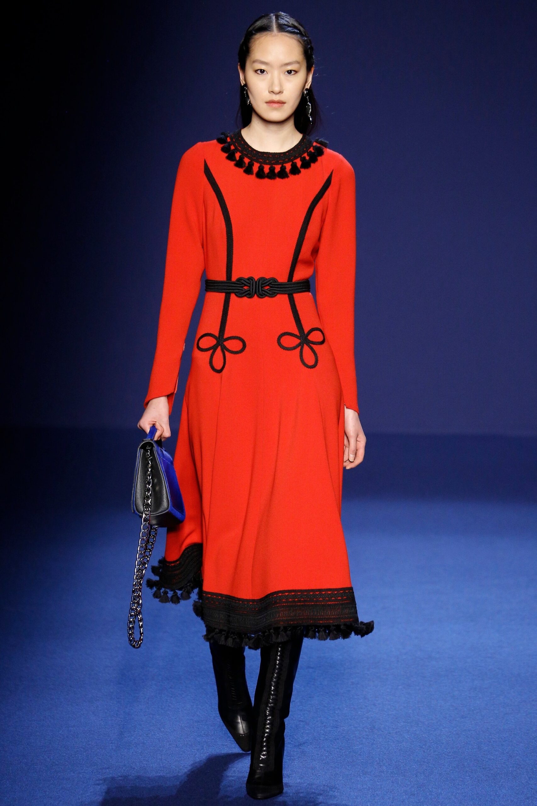 red midi dress with black boots