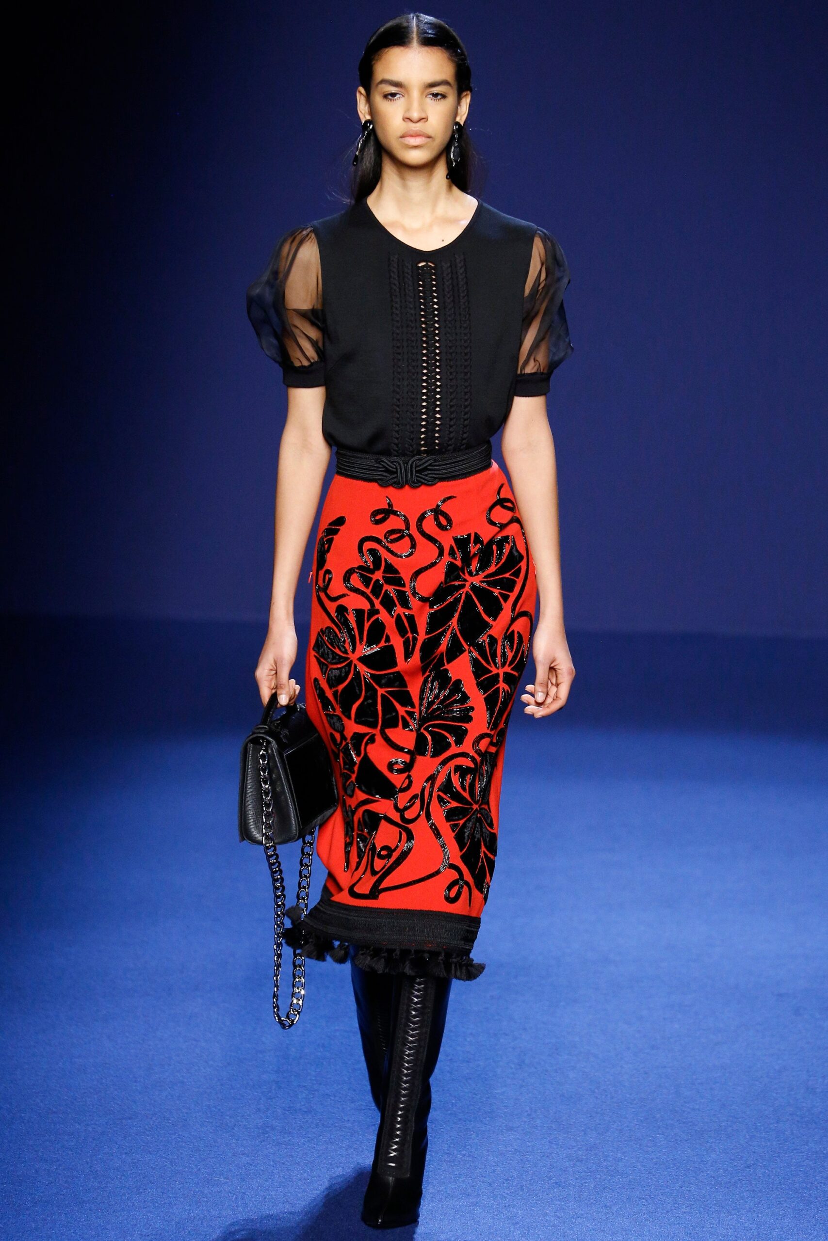 black top red embroidered skirt