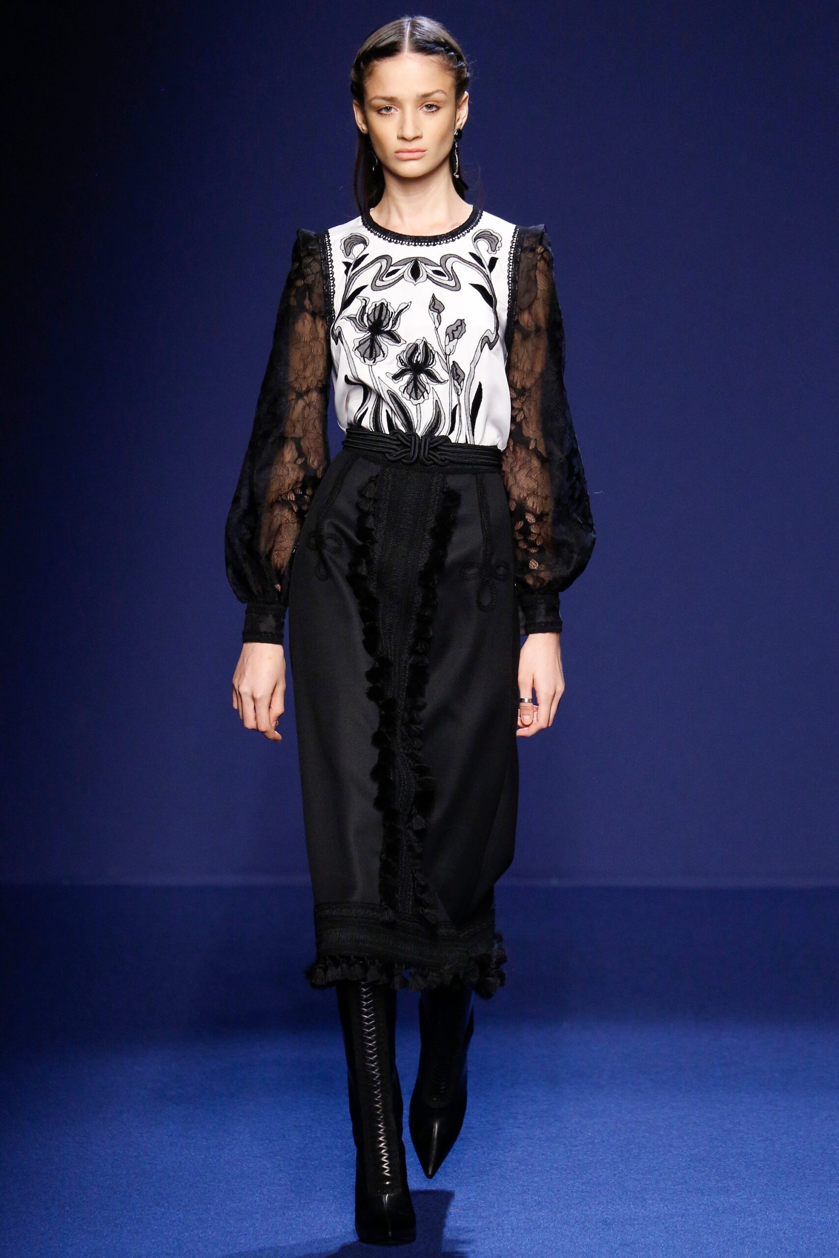 black and white embroidered blouse and skirt