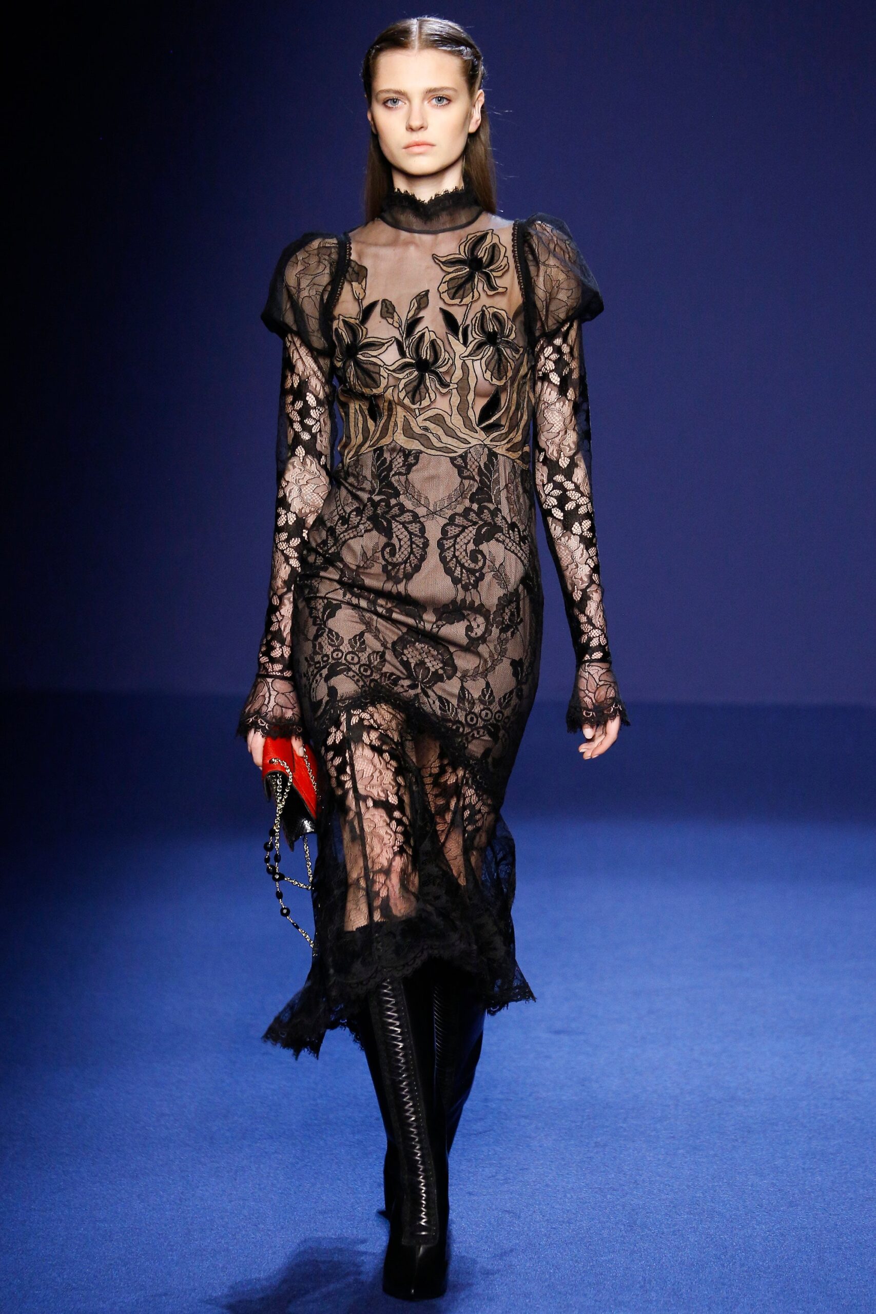 black lace fitted dress with boots