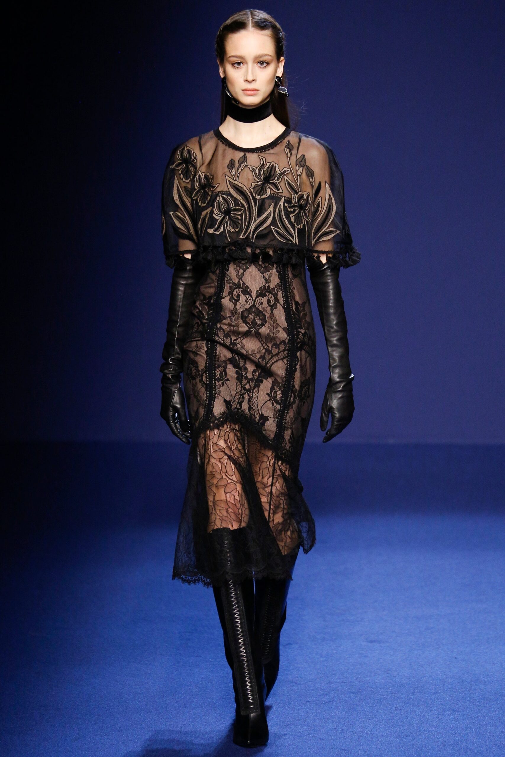 black lace midi dress with gloves