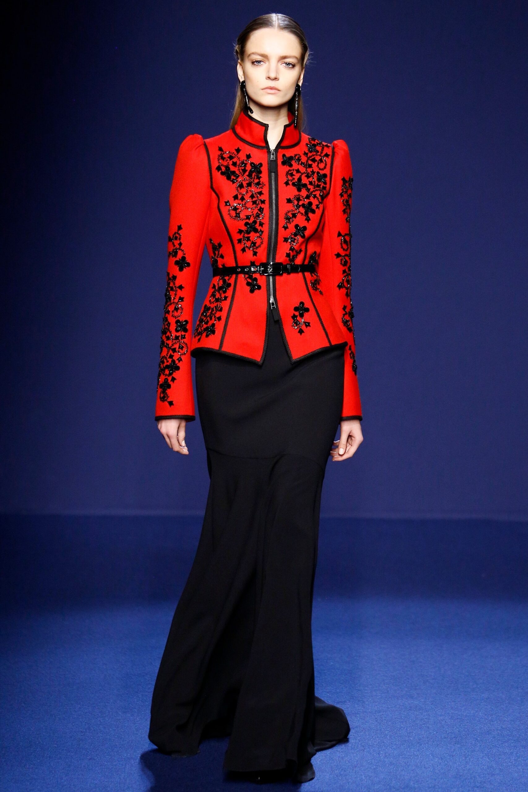 red embroidered jacket with black gown