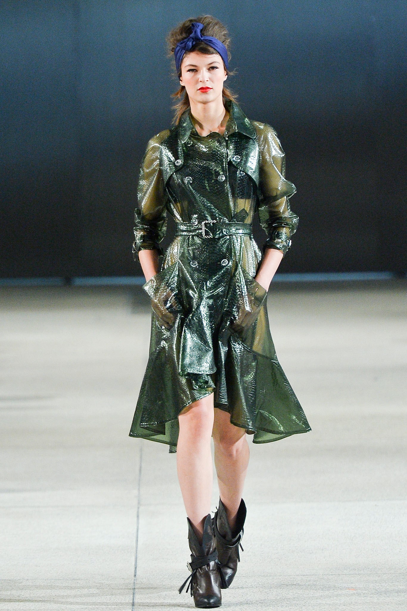 green vinyl belted trench coat