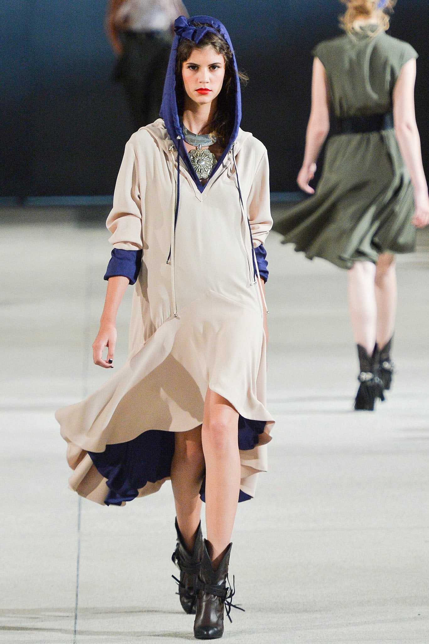 beige hooded midi dress with boots