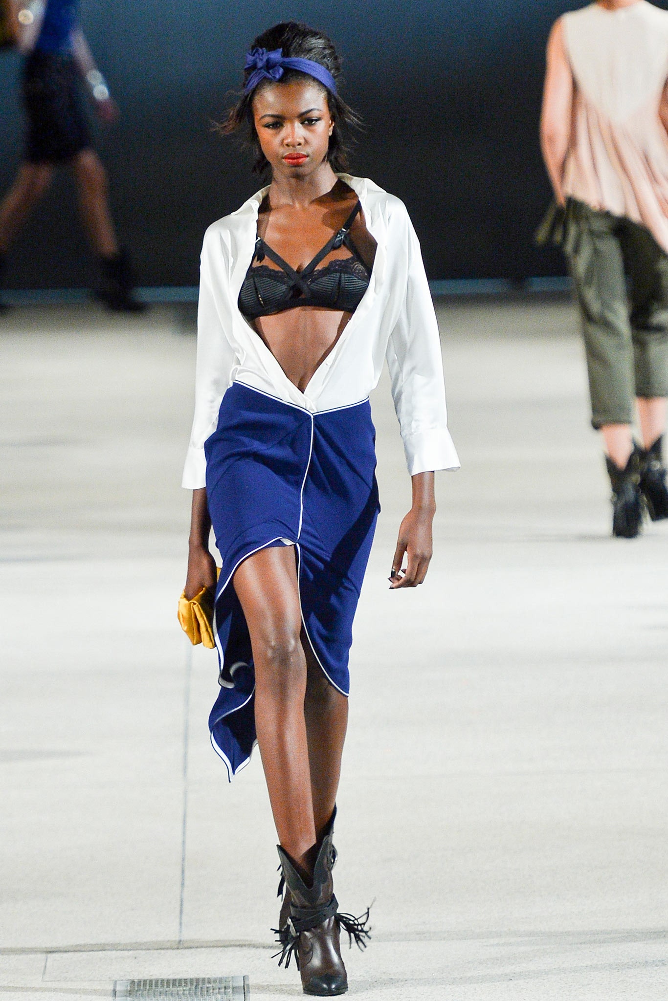 white shirt blue skirt outfit