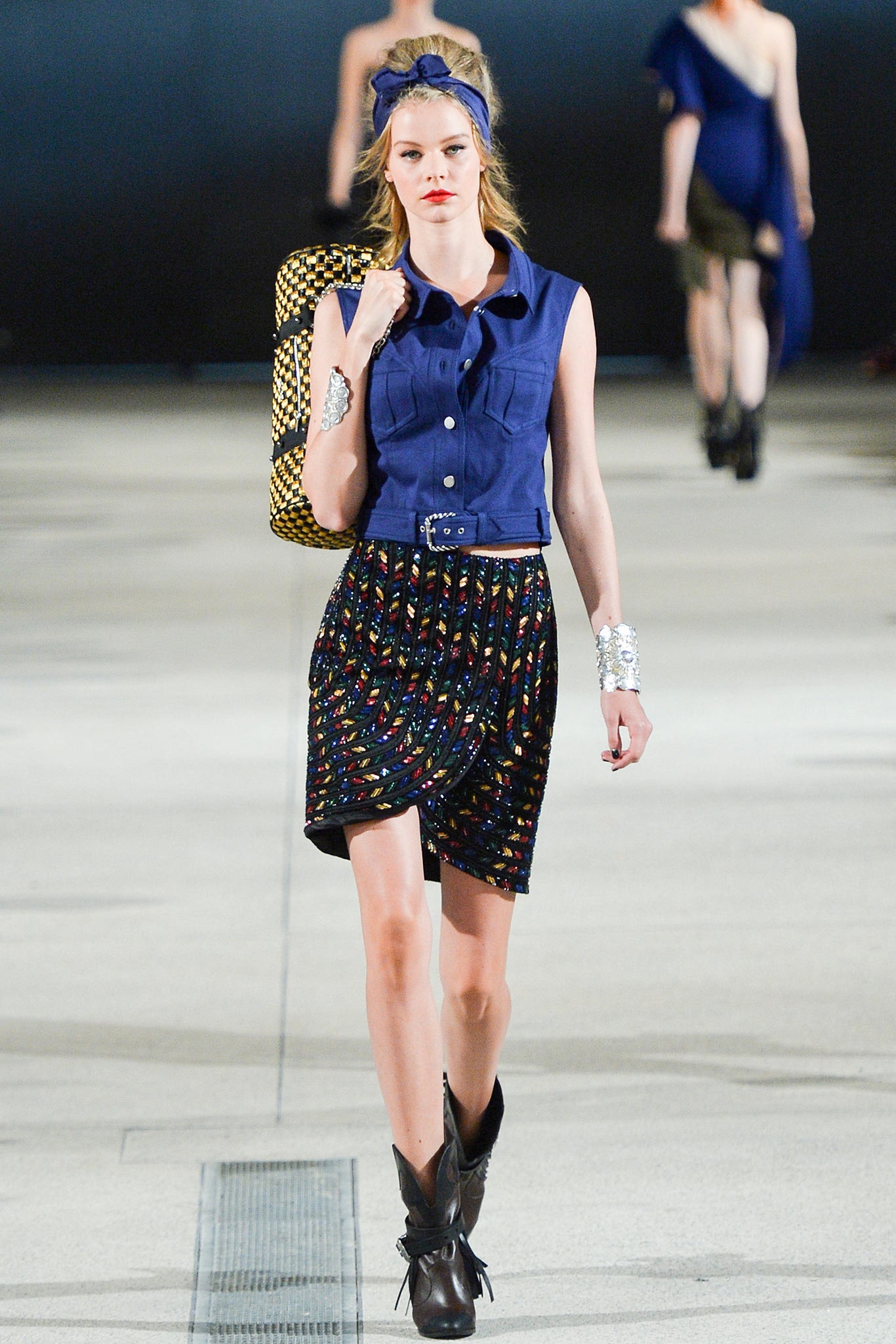 blue cotton sleeveless shirt with multi pleated skirt