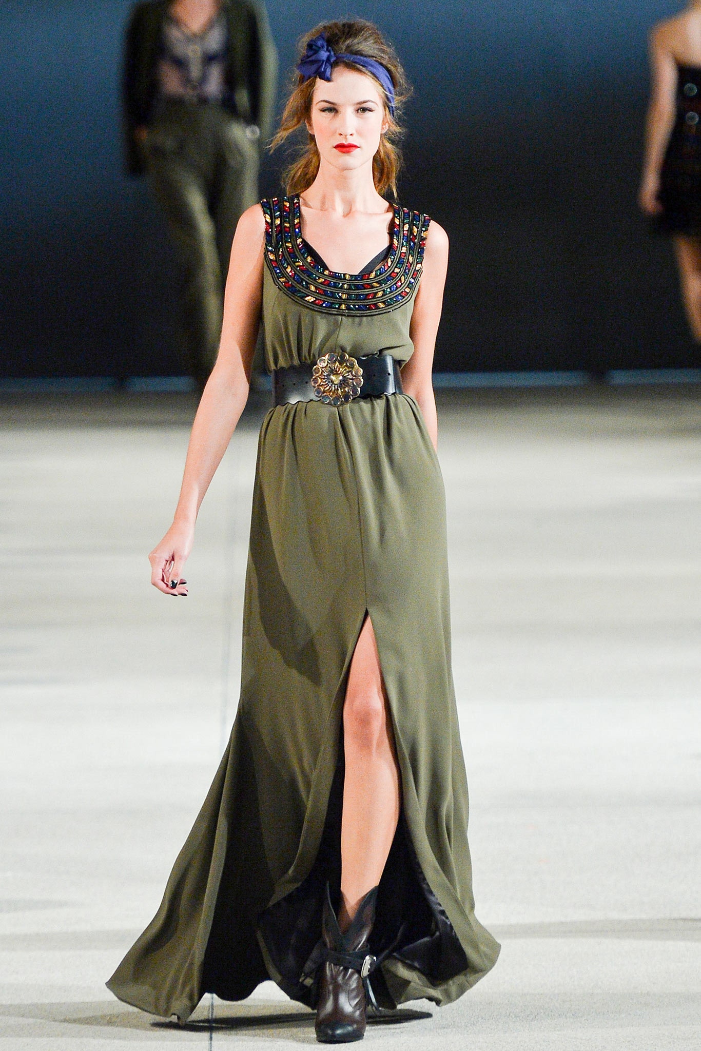 green maxi dress with beaded details