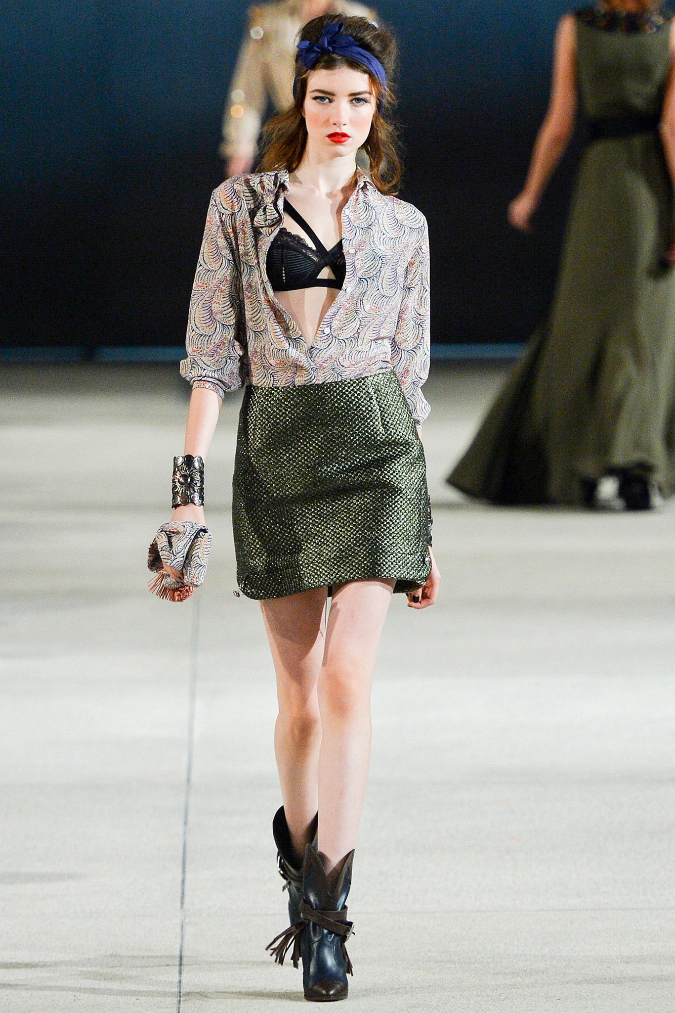 multi-colored silk shirt with green skirt