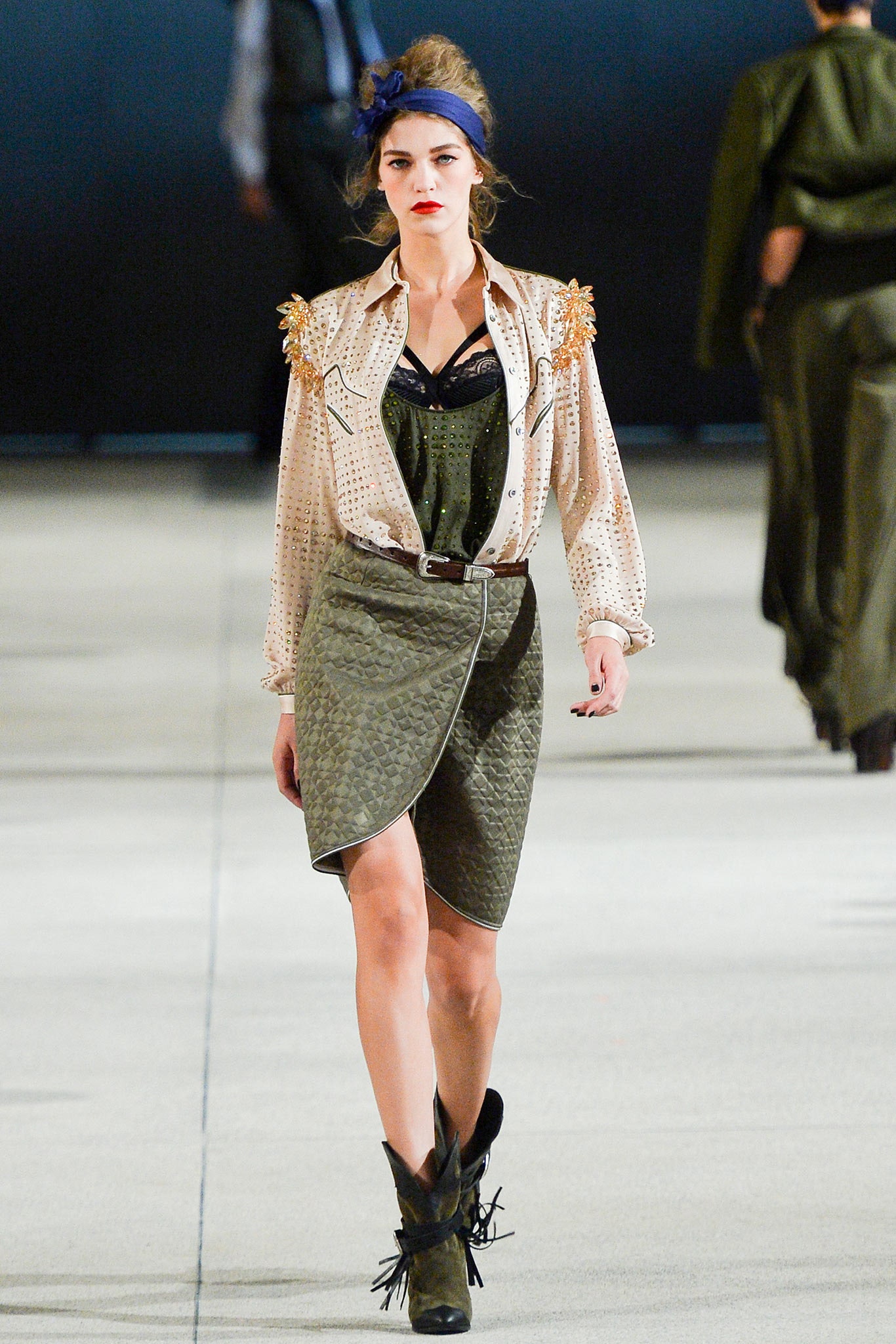 beige silk shirt with green skirt