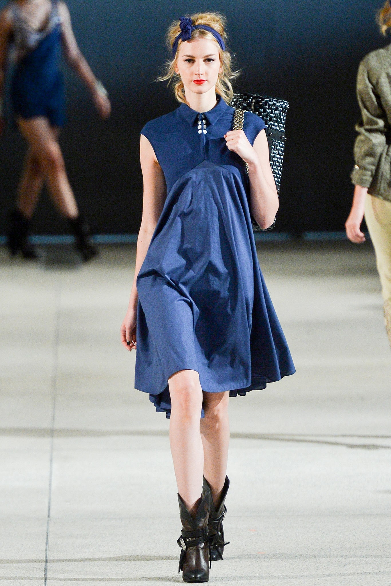 blue relaxed mini dress with black boots