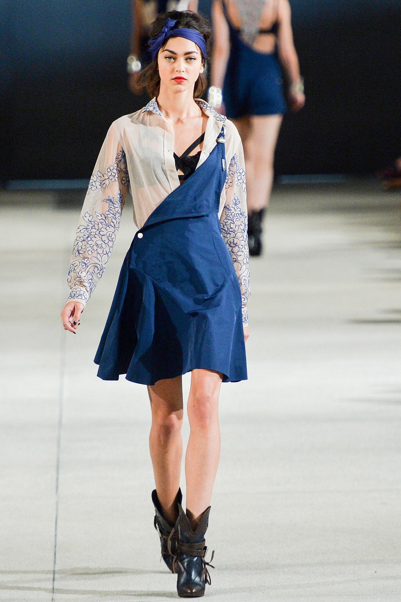 blue mini dress and beige shirt