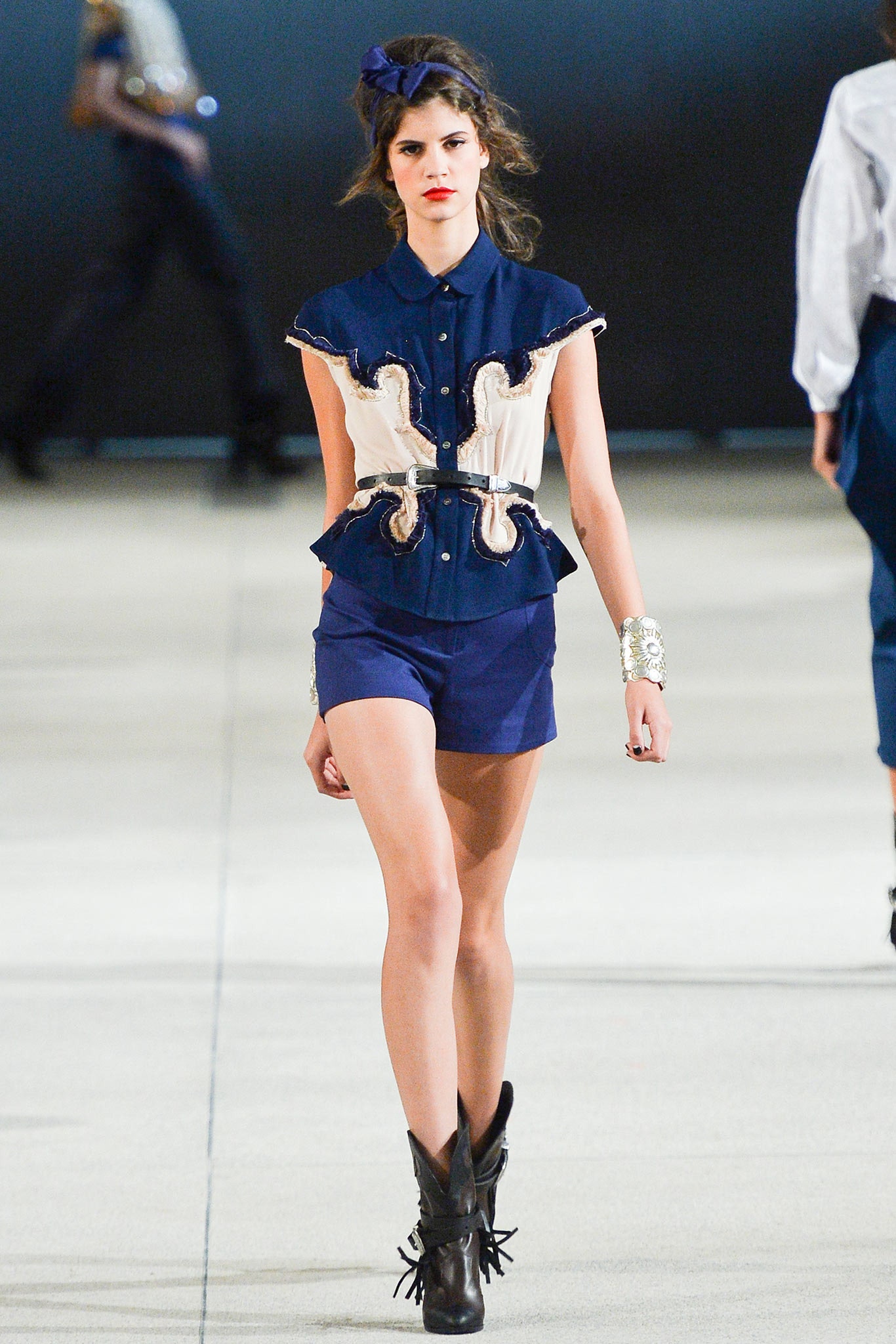 blue and white ruffled shirt with shorts