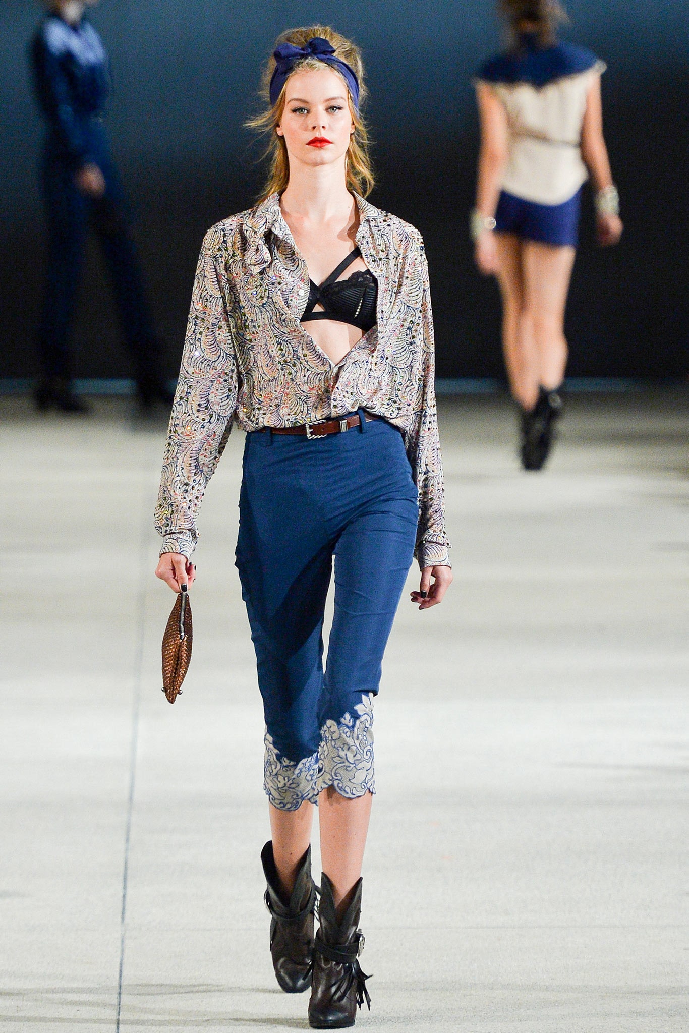 multi printed relaxed shirt with blue fitted pants