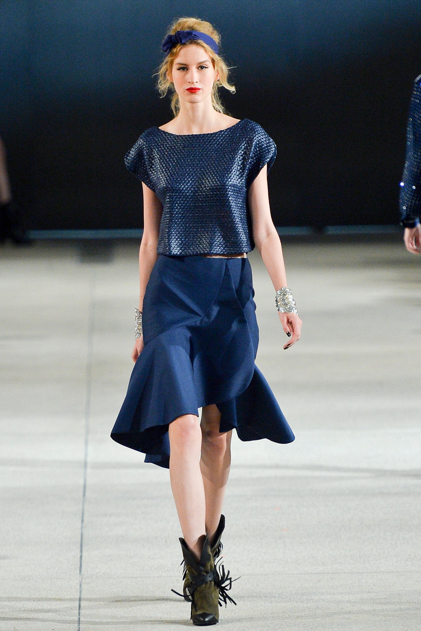 blue silk top and skirt