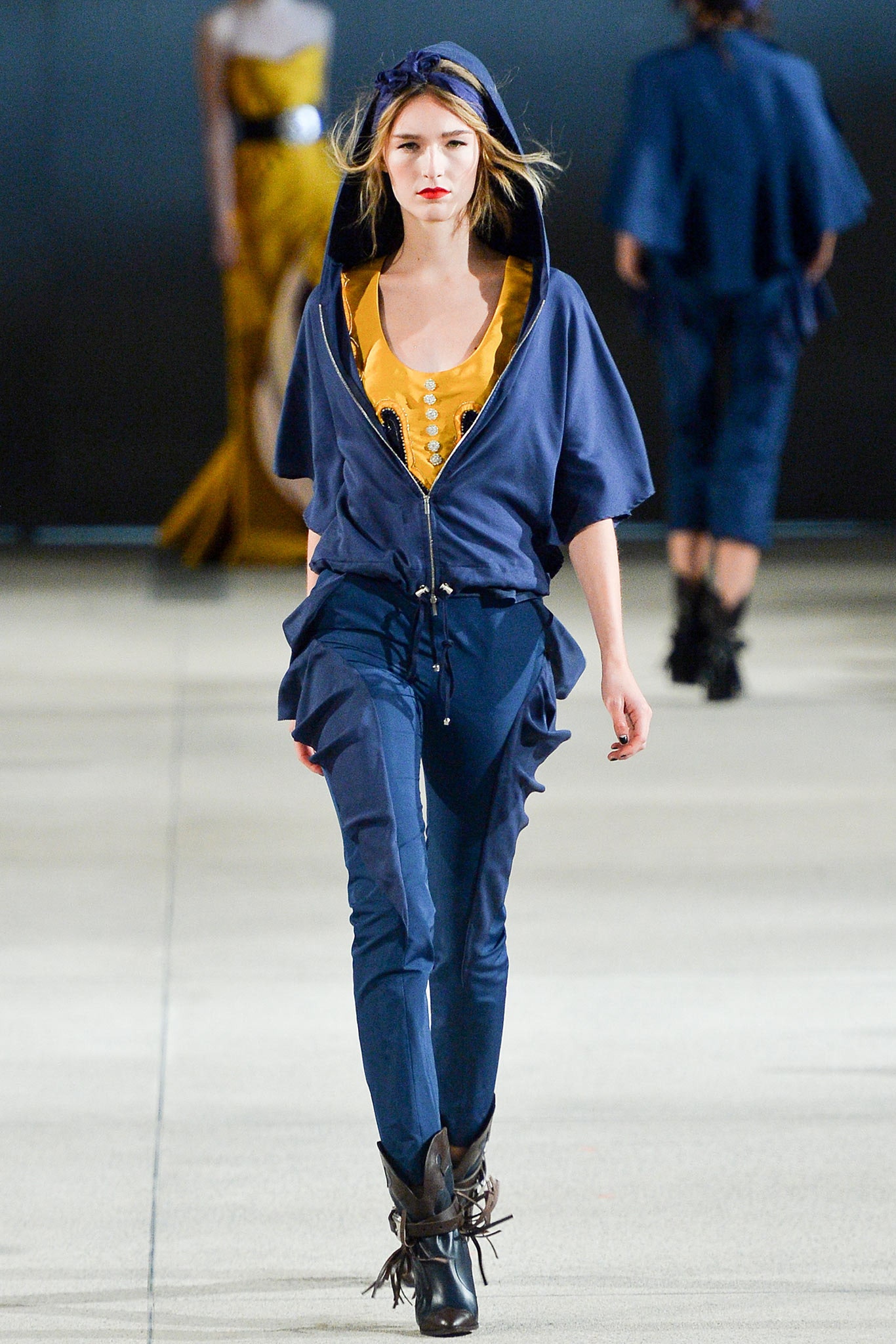 blue hoodie yellow top and pants