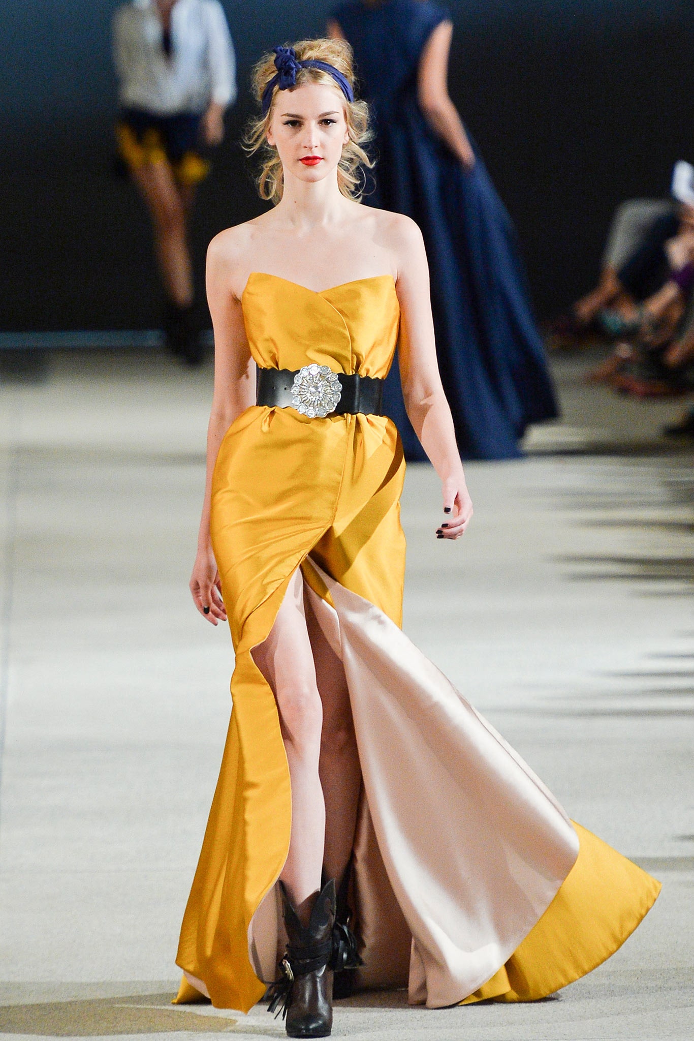 yellow silk strapless gown
