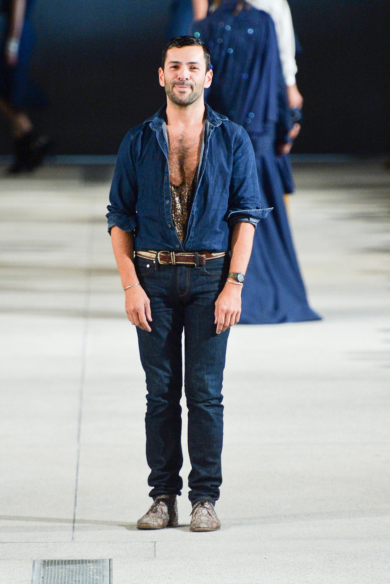 blue shirt black pants outfit