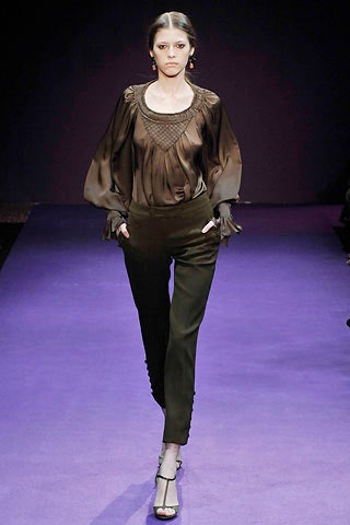 brown silk fitted blouse and black tailored pants