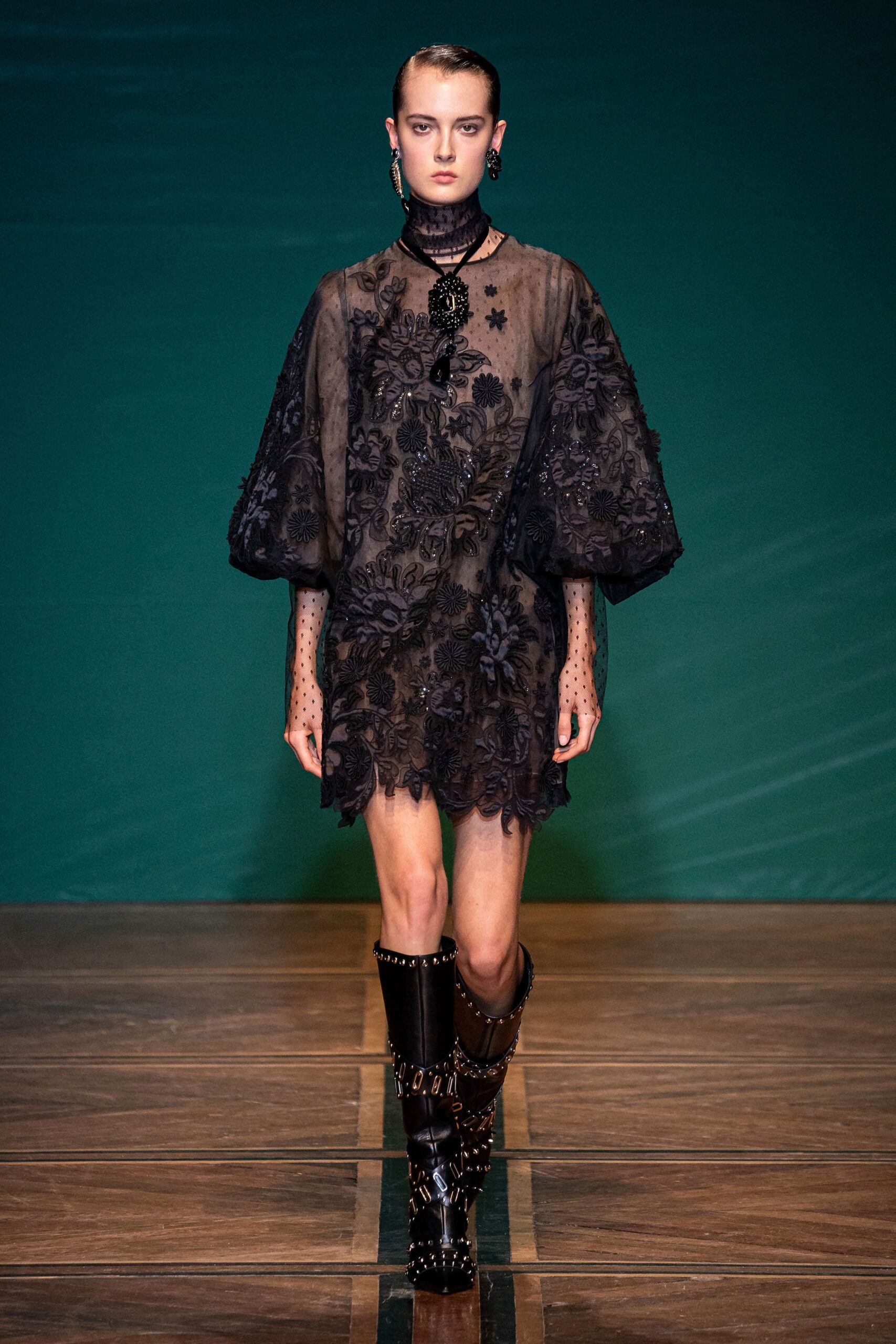 black lace mini dress with boots