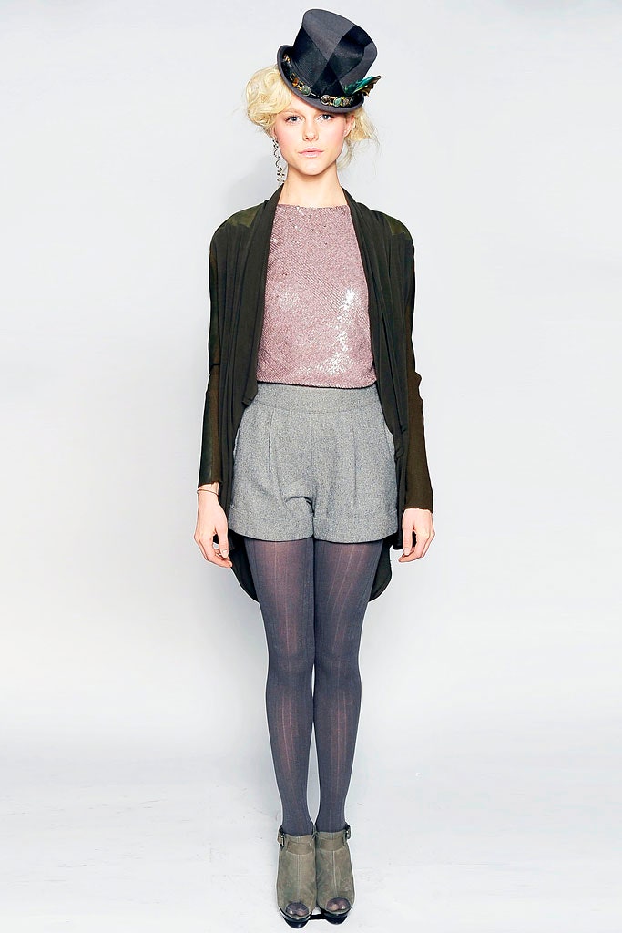 pink sequin top with gray shorts