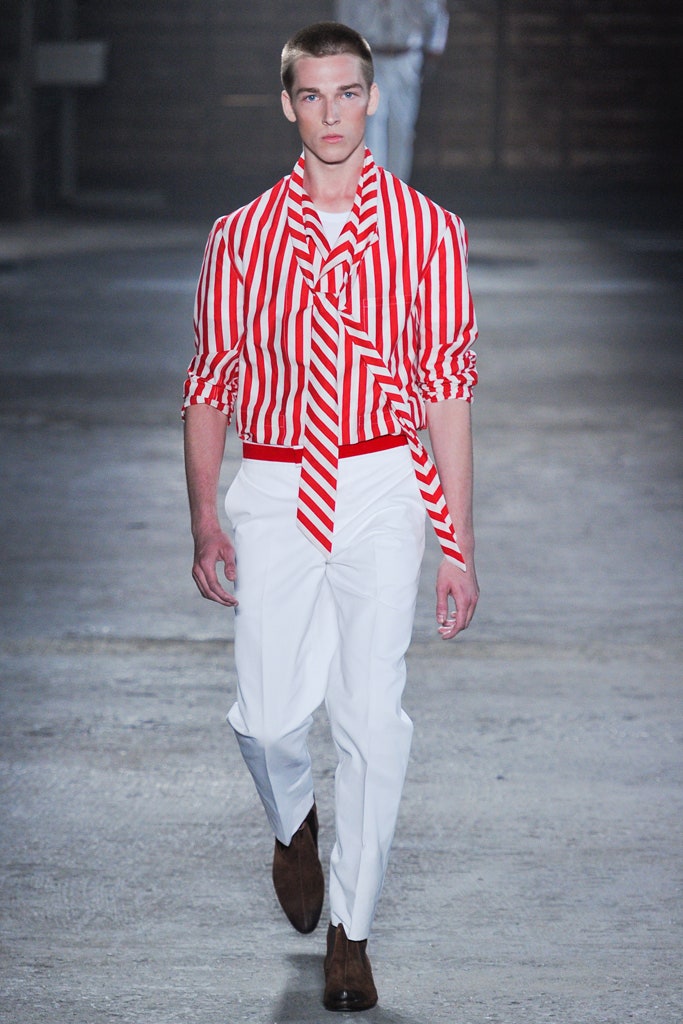 red and white striped shirt with tailored pants