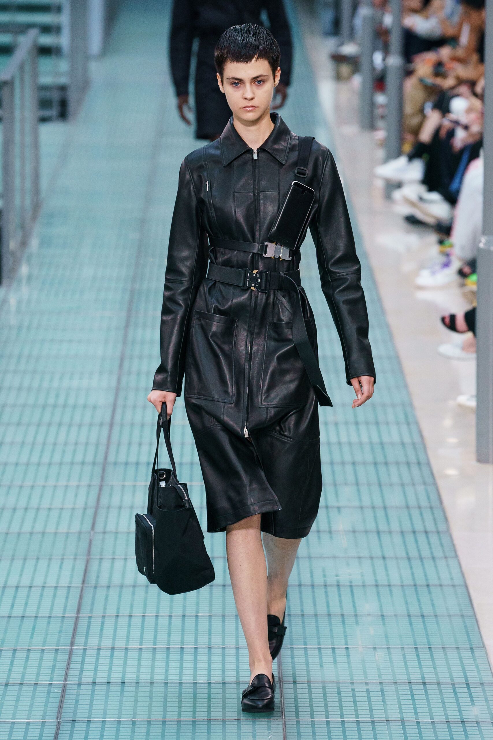black leather long-sleeve collared fitted zippered pencil dress