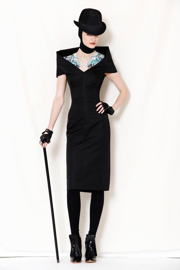black cotton short-sleeve v-neck fitted structured midi dress