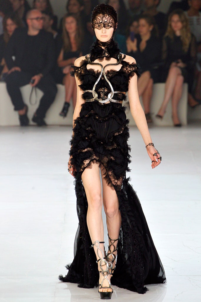 black ruffled sleeveless gown