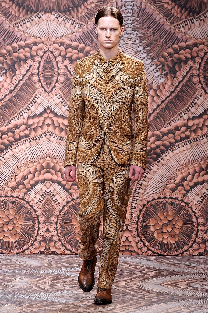 brown and gold printed suit