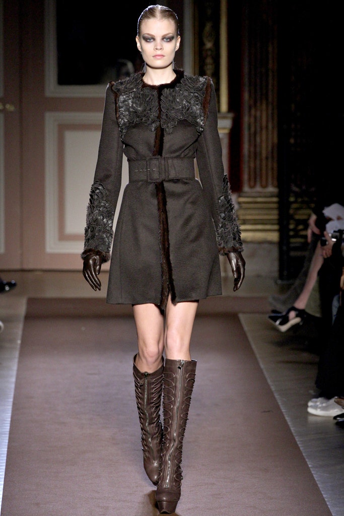brown wool long-sleeve collared fitted belted embroidered coat