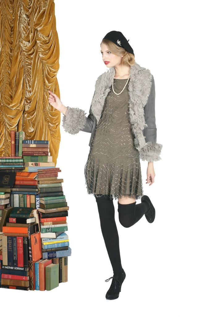 gray faux-fur jacket and brown dress