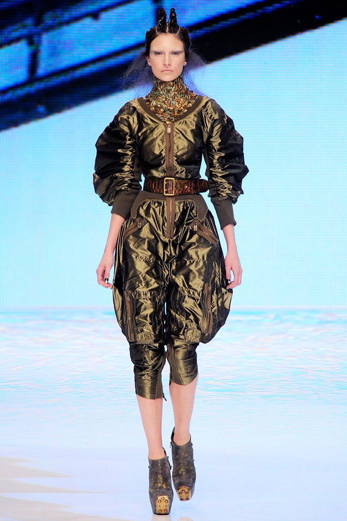 gold silk long-sleeve high-neck fitted padded zippered jumpsuit