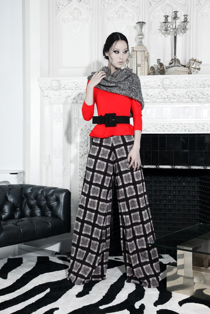 red fitted top with wide-leg pants