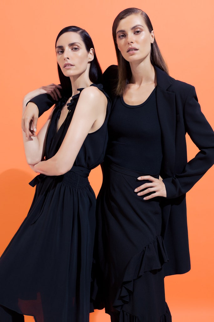 black silk midi dress and blouse