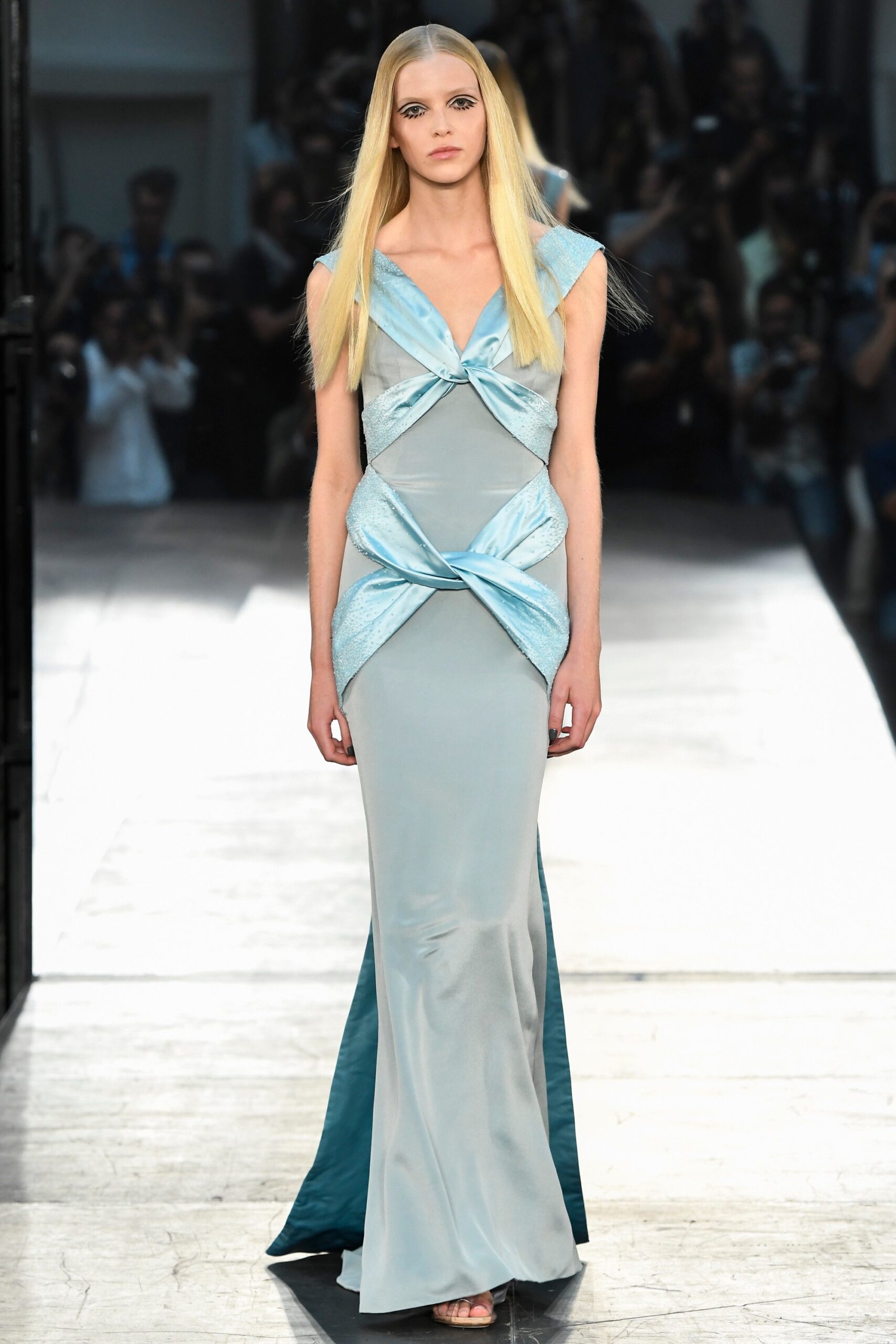 blue silk fitted gown