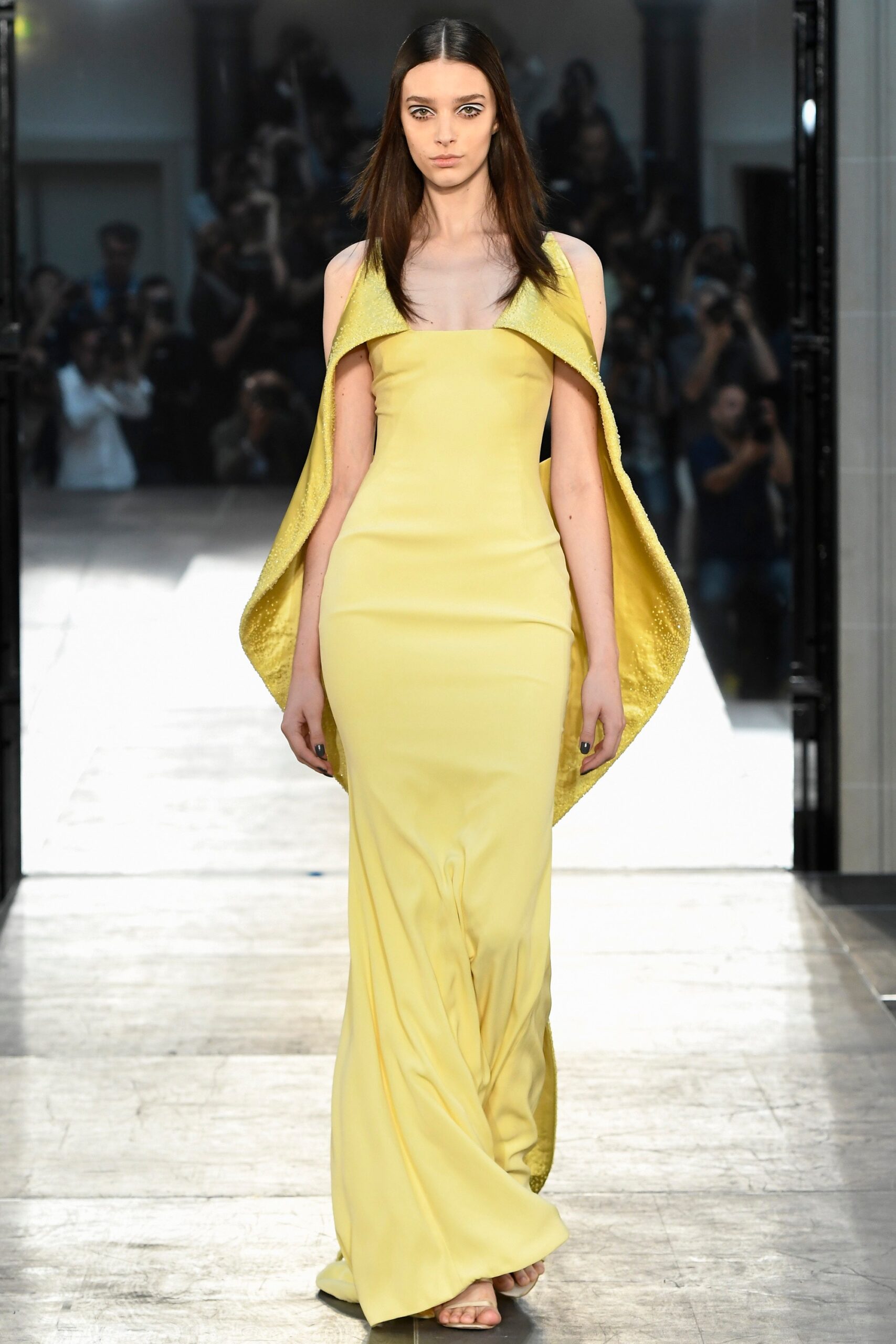 fitted yellow silk gown