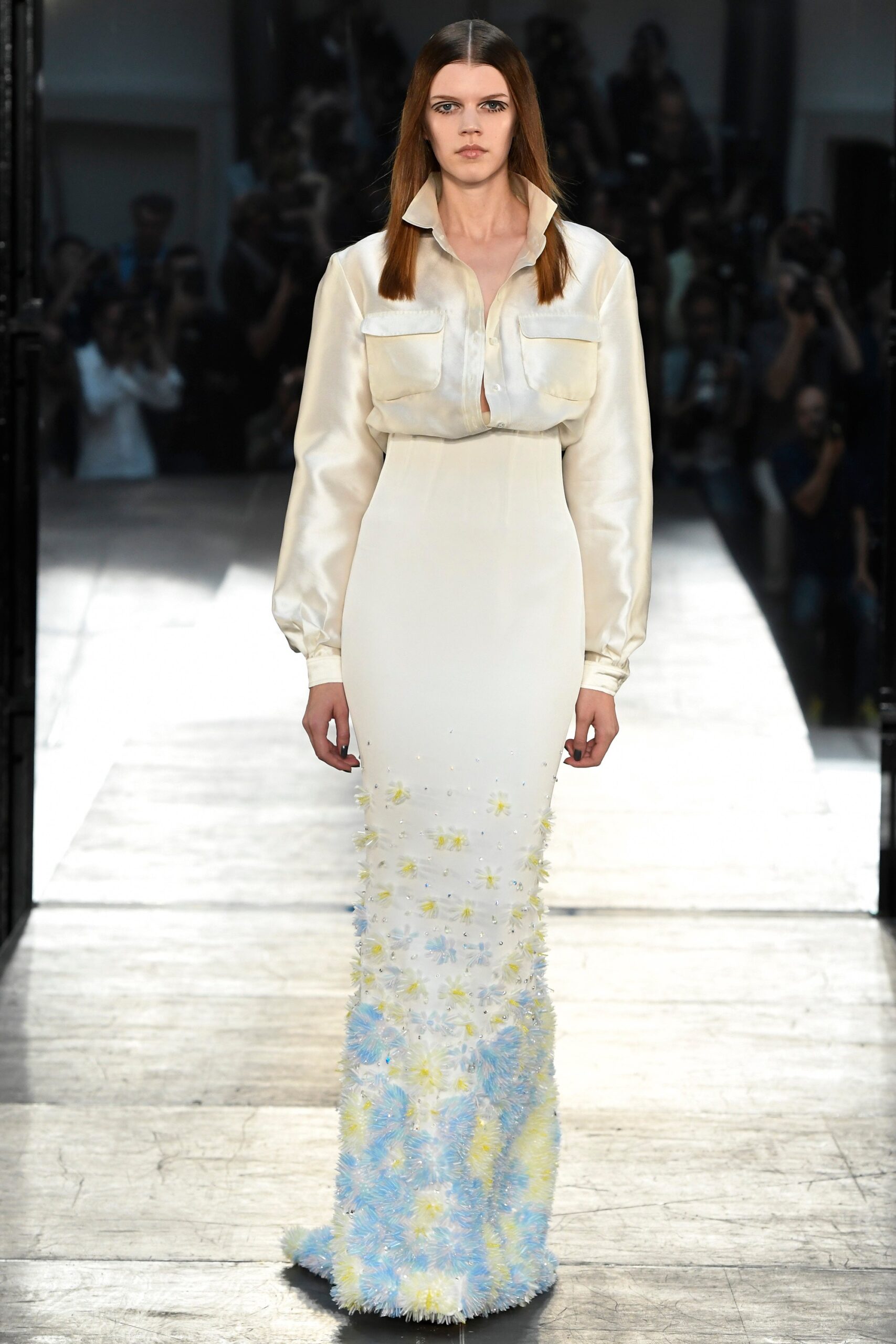 white silk embroidered gown